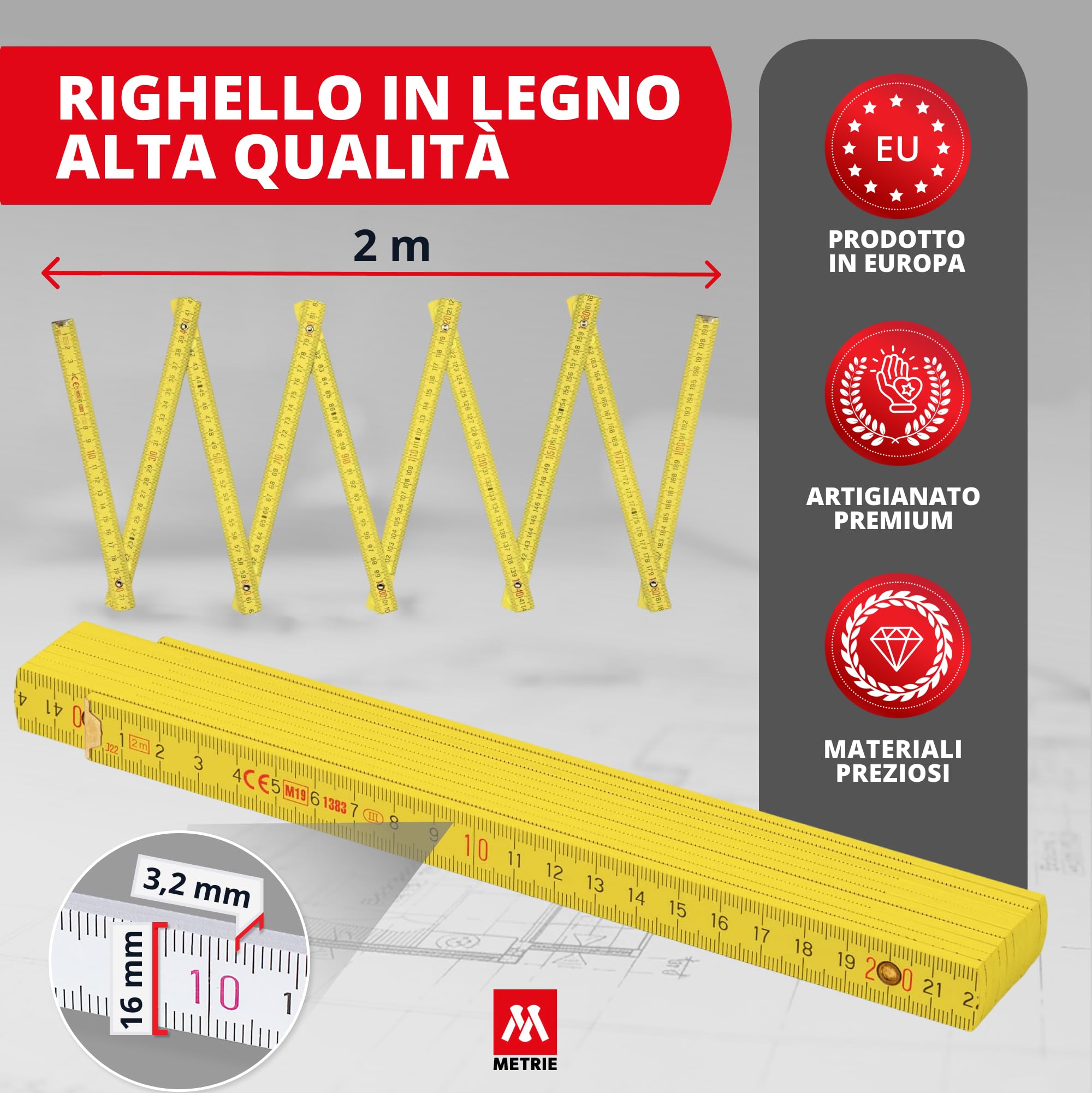 Metrie™ Metro pieghevole – Metro in Legno 2 m | Metri – GIALLO – Scala duplex, Prodotto nell’UE | Robusto e Preciso | per Artigiani e Fai-da-te | BLOCK 72 – 1 pezzo