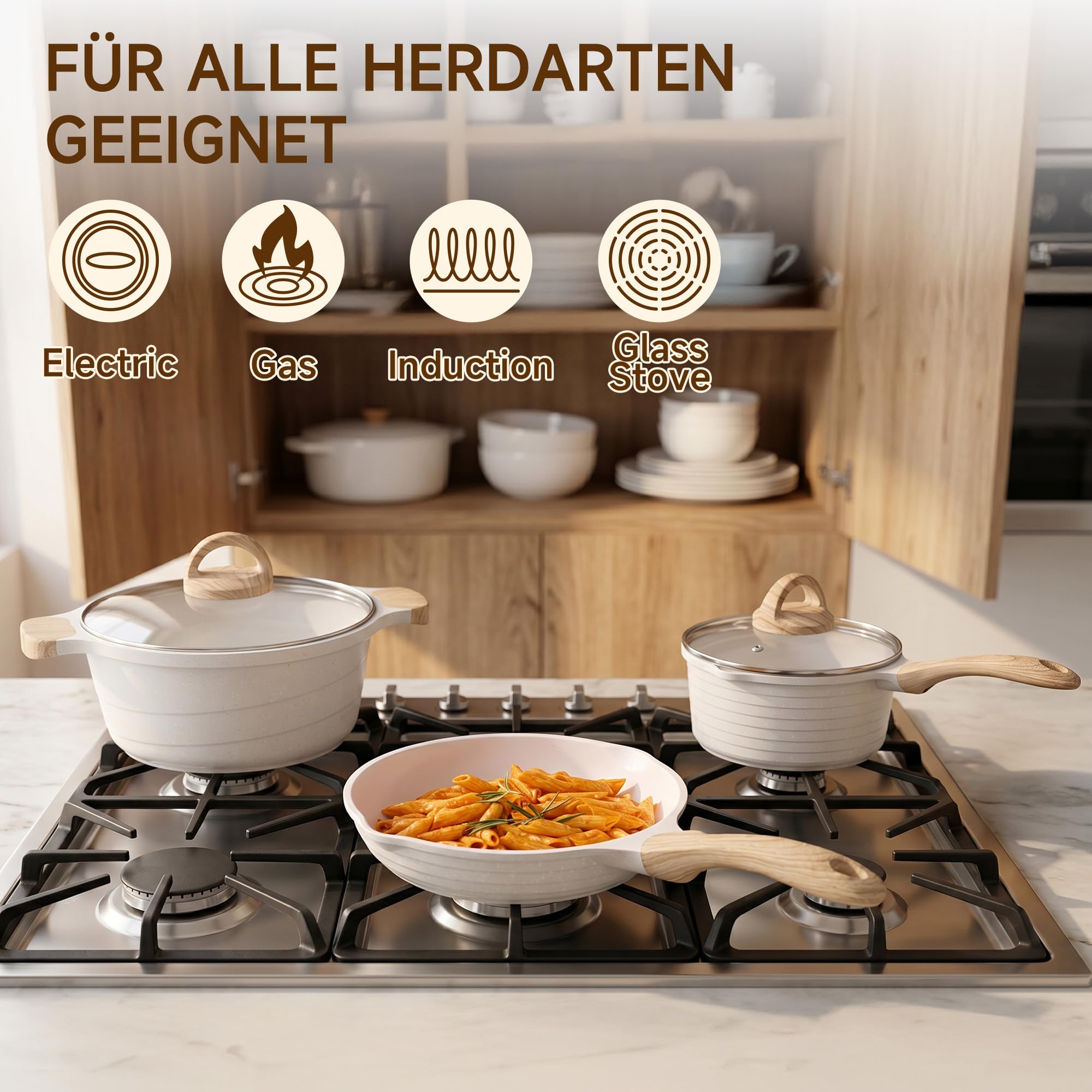 JEETEE Topf- und Pfannenset 23-teilig Beige, Antihaft Topfset für Induktion, mit Glasdeckeln, Kochtopf, Bratpfannen, Schmorpfanne, Crêpe-Pfanne und Grillpfanne