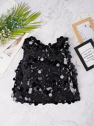 FEESHOW Kids Girls Sequins Jazz Latin Hip Hop Ballet Dance Tank Crop Tops Sparkly Party Vest Performance Tee Shirts(Black,13-14 Years)
