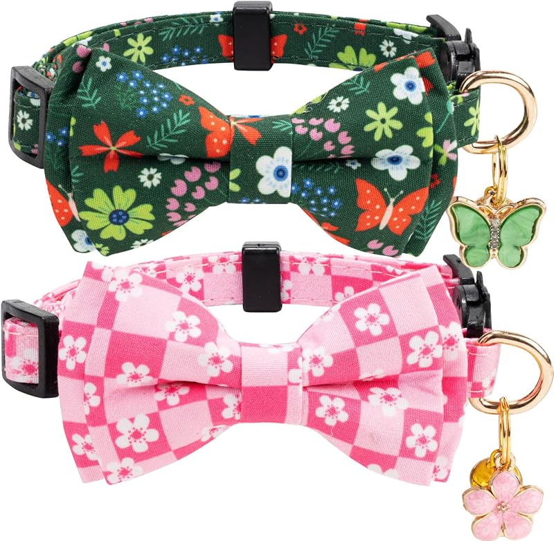 Coleira para Gatos de Algodão com Laço, Guizo e Fecho de Segurança Gelwoo Butterfly&Flower, Pacote com 2