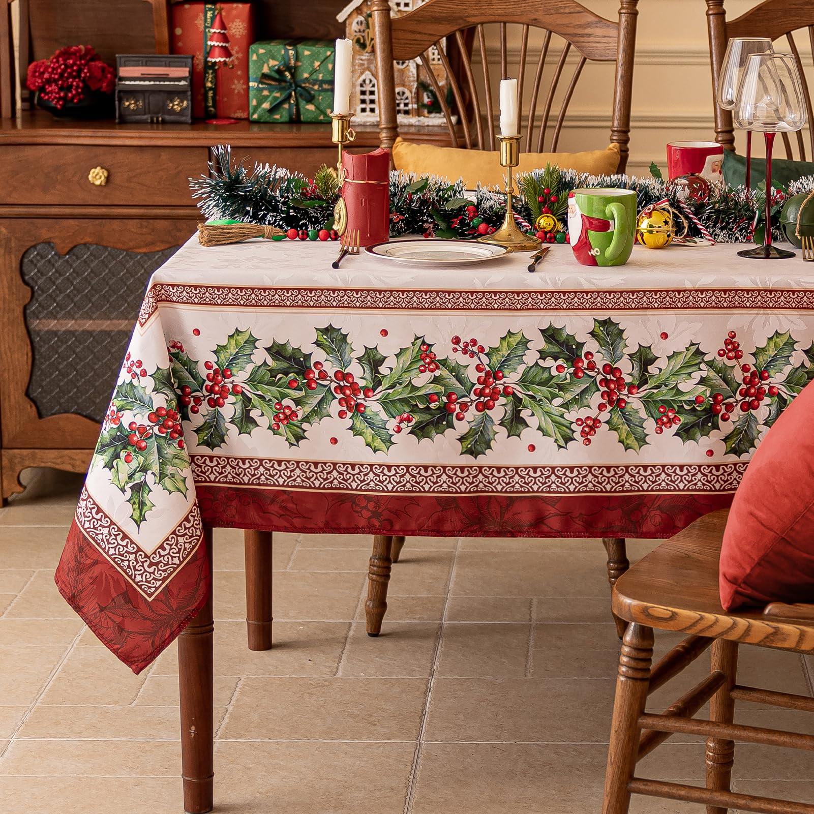 Softalker - Mantel jacquard rectangular navideño, mantel vintage de invierno con acebo impermeable, mantel de granja de…