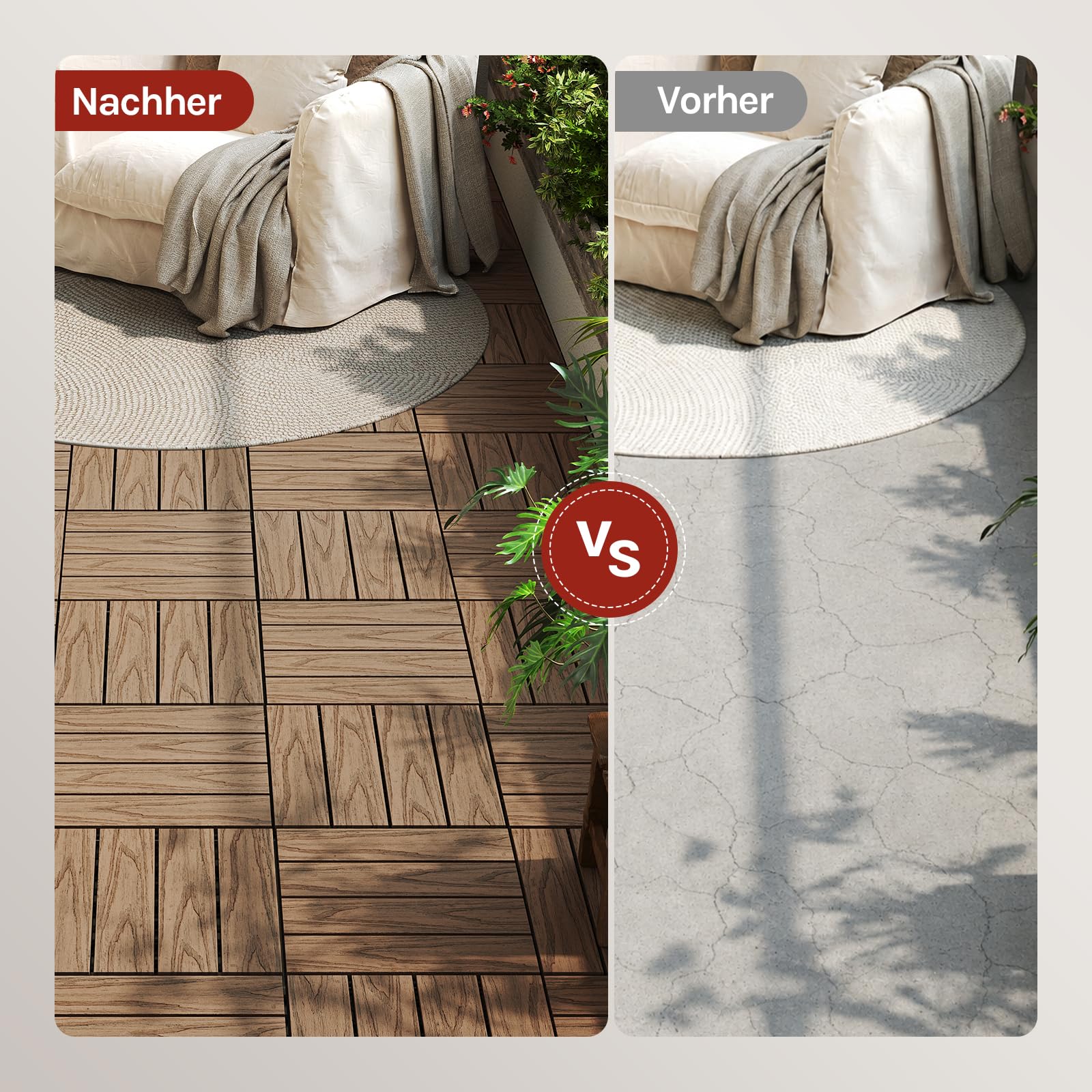 WOLTU 22 x Premium WPC Terrassenfliesen 30x30cm Holz Optik mit Relief, Balkonfliesen Garten Fliesen Bodenbelag Braun (2 m²)