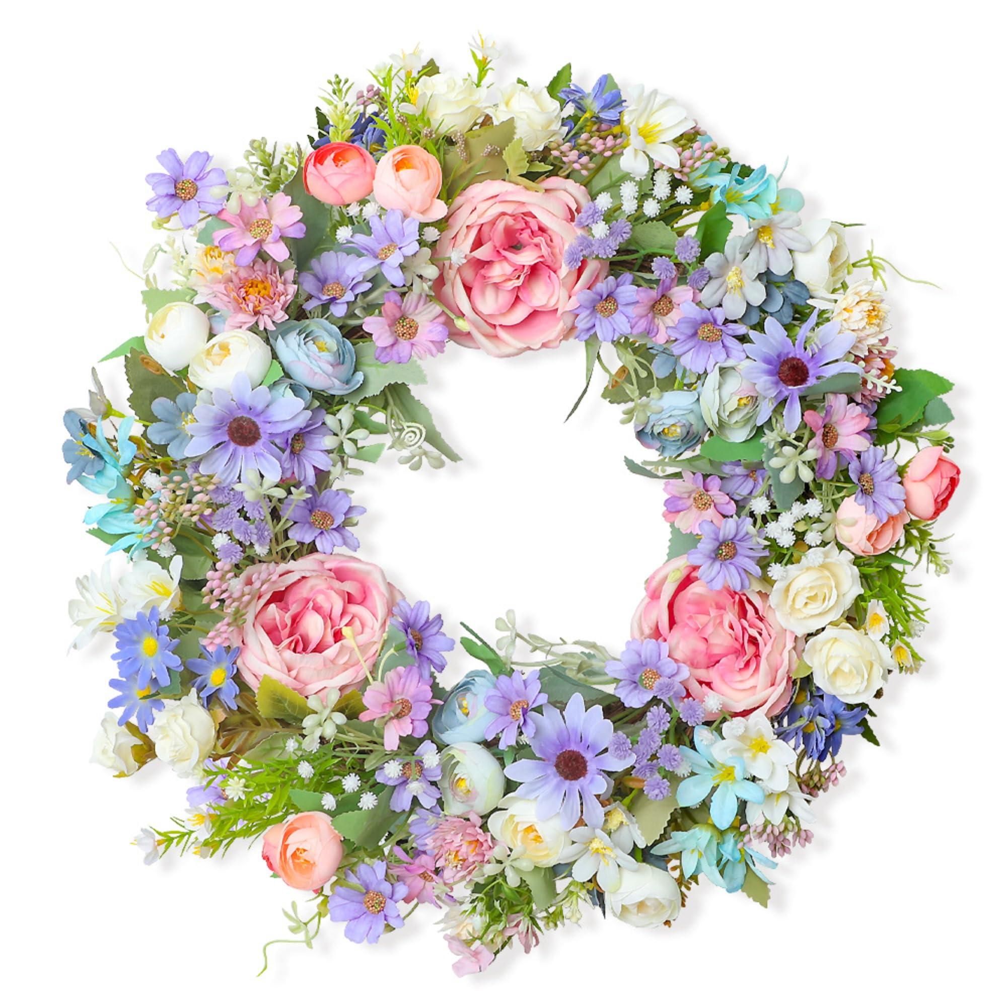 Frühlingskranz für die Haustür, 45 cm Rose Hortensie Künstliche Blumen Kranz, Künstlicher Kranz, Frühlings Sommer Türkranz für Freien Haustür Home Decor