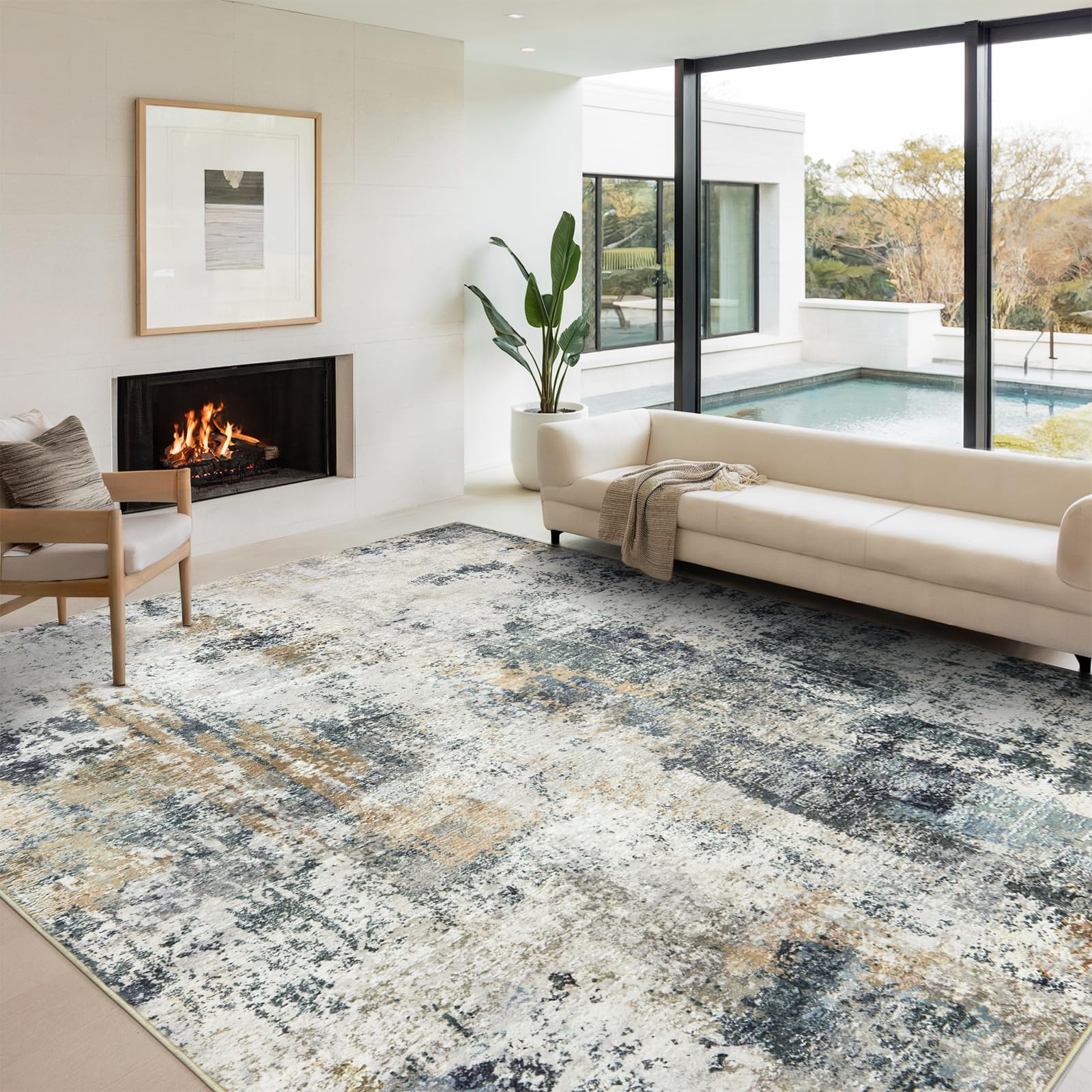 AREAMAY Washable Area Rugs for Living Room 9x12 - Large Neutral Modern Abstract Rug, Soft Low Pile Carpet with Non Slip Backing for Under Dining Room