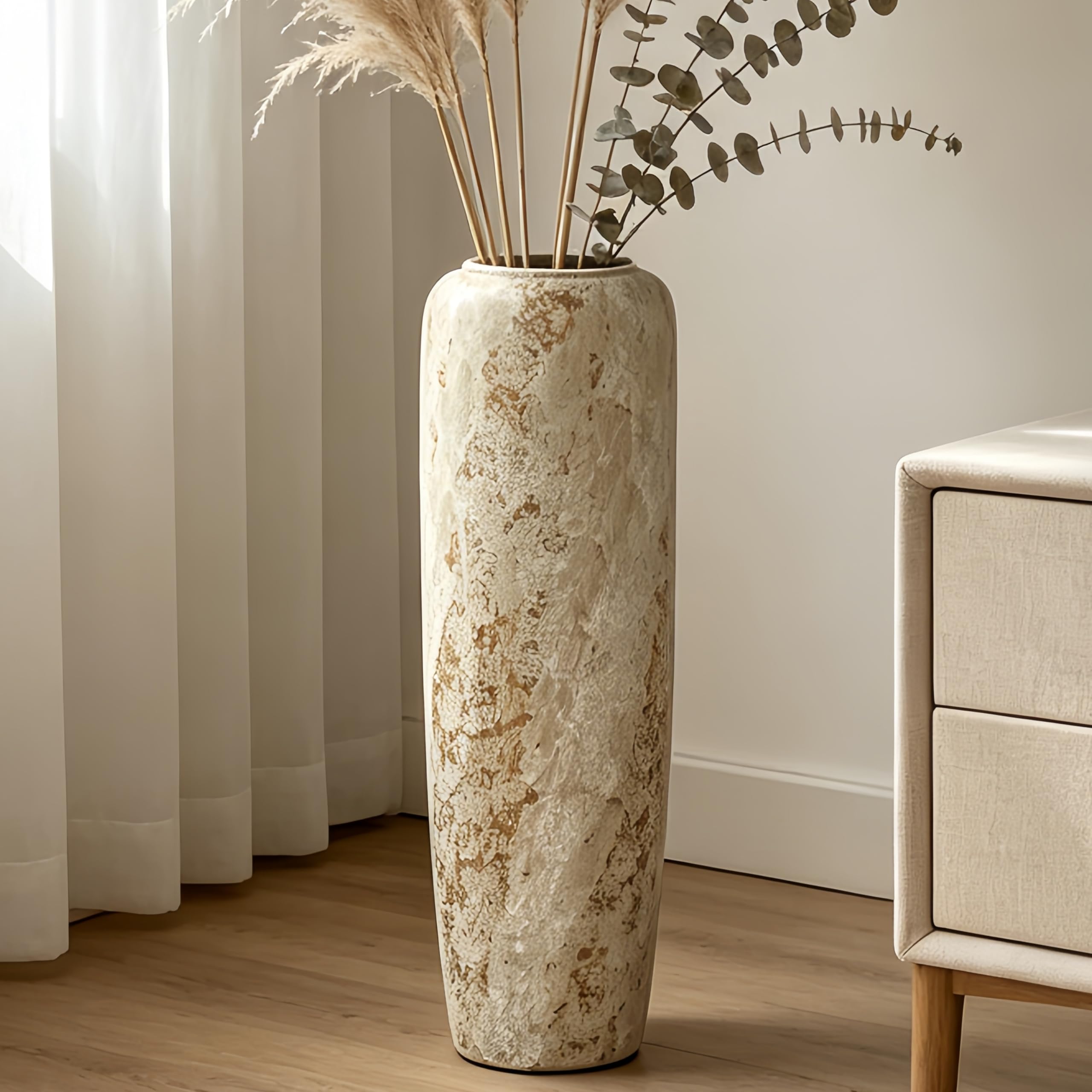 Boho Bodenvase aus Keramik, 60 cm, Rustikale Vintage Vase für Wohnzimmer Dekoration, Pampasgras oder Trockenblumen, Perfekt für Regale und Tische