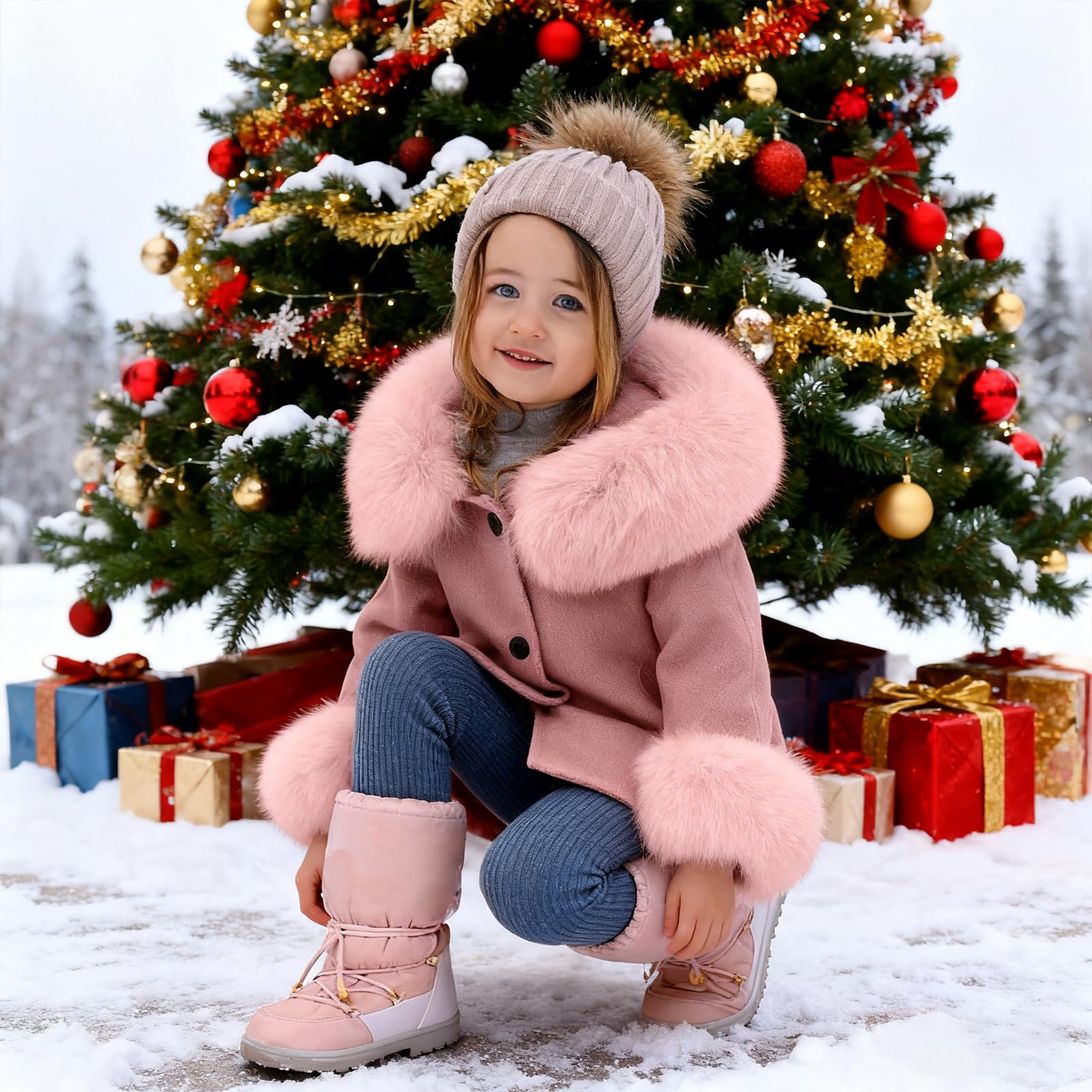 Abrigo de Invierno para Niña en Tejido de Algodón Lavado con Refuerzo,Abrigo de Invierno para Niña con Mangas Largas y Capucha con Adornos de Peluche Sintético, Chaqueta para Niña con Bolsillos