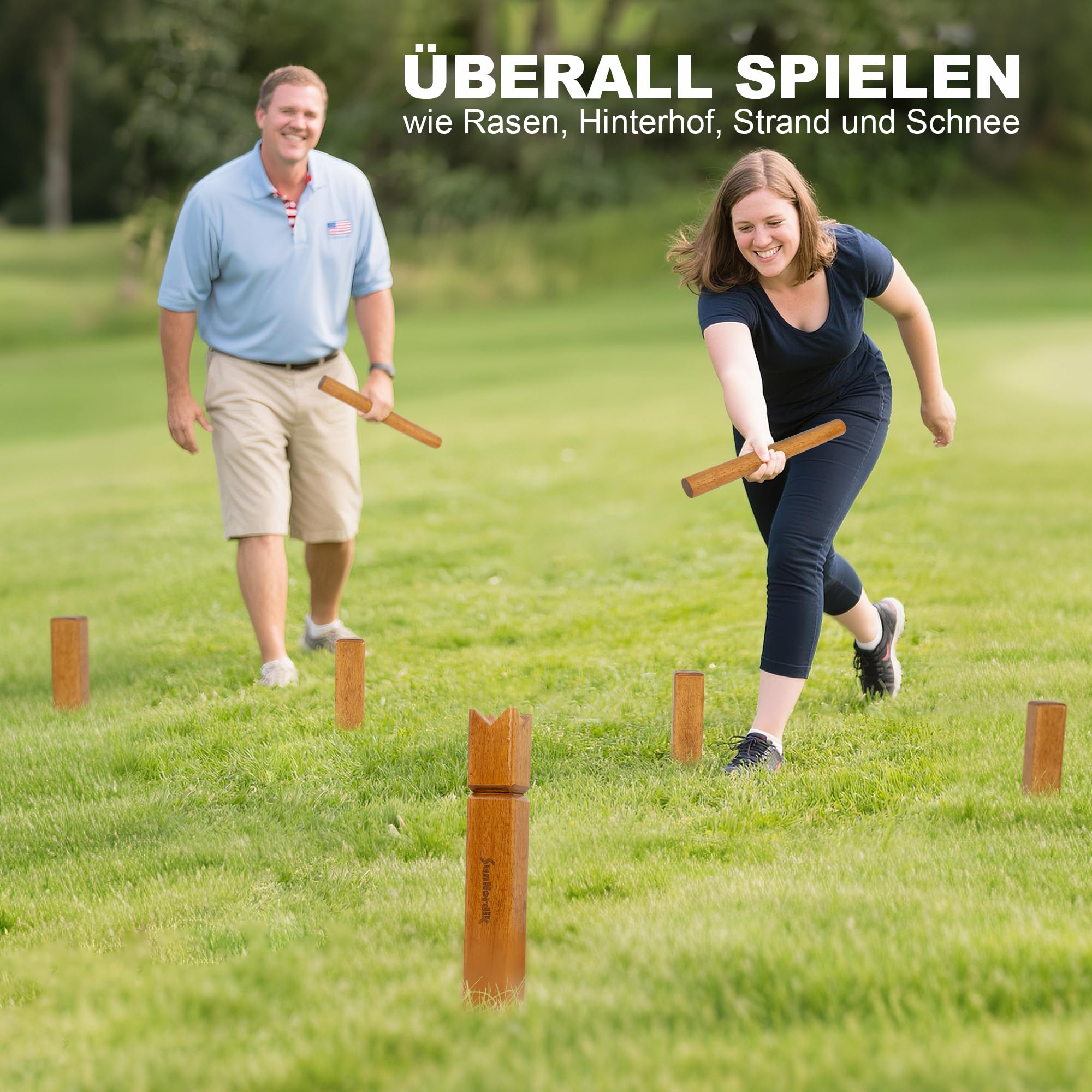 SunNordik Kubb Jeu d'échecs viking suédois en bois d'hévéa de qualité supérieure, avec sac de transport en toile et instructions de jeu (français non garanti), robuste, pour enfants et adultes