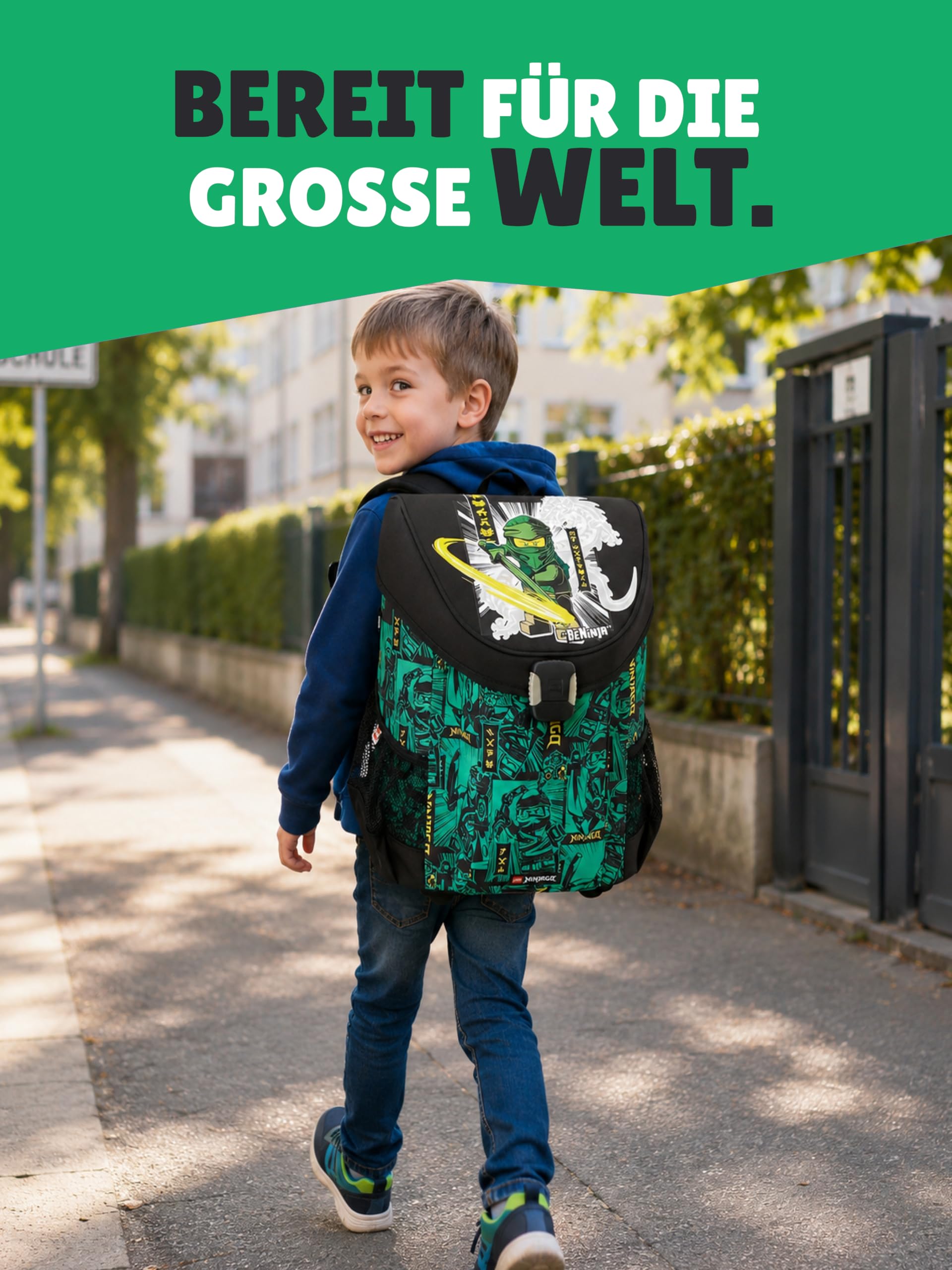 Familando - Schulranzen Set 7-teilig mit Lunch-Set - Lego Easy Green Ninjago - Ergonomisch, stabil & mit gepolstertem Rücken - 790g leicht mit 21L Volumen - mit Reflektoren - Ab 1. Klasse