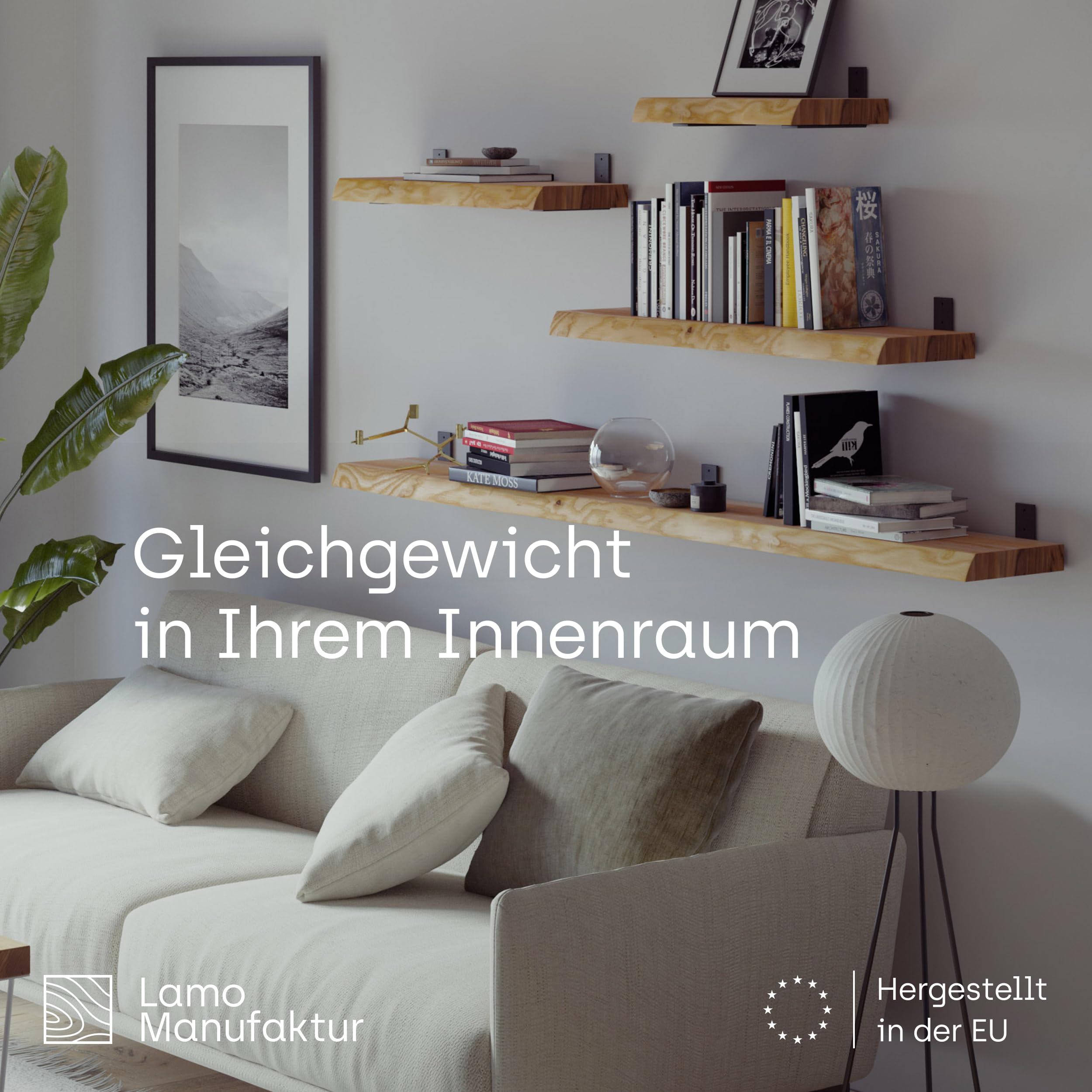 LAMO Manufaktur Holzregal mit schwarzen L-förmigen Halterungen | Wand Regal 70 cm breit für Wohnzimmer, Küche, Büro im Industrial-Stil | Farbe: Rustikal, Kante: natürlich | Massivholz