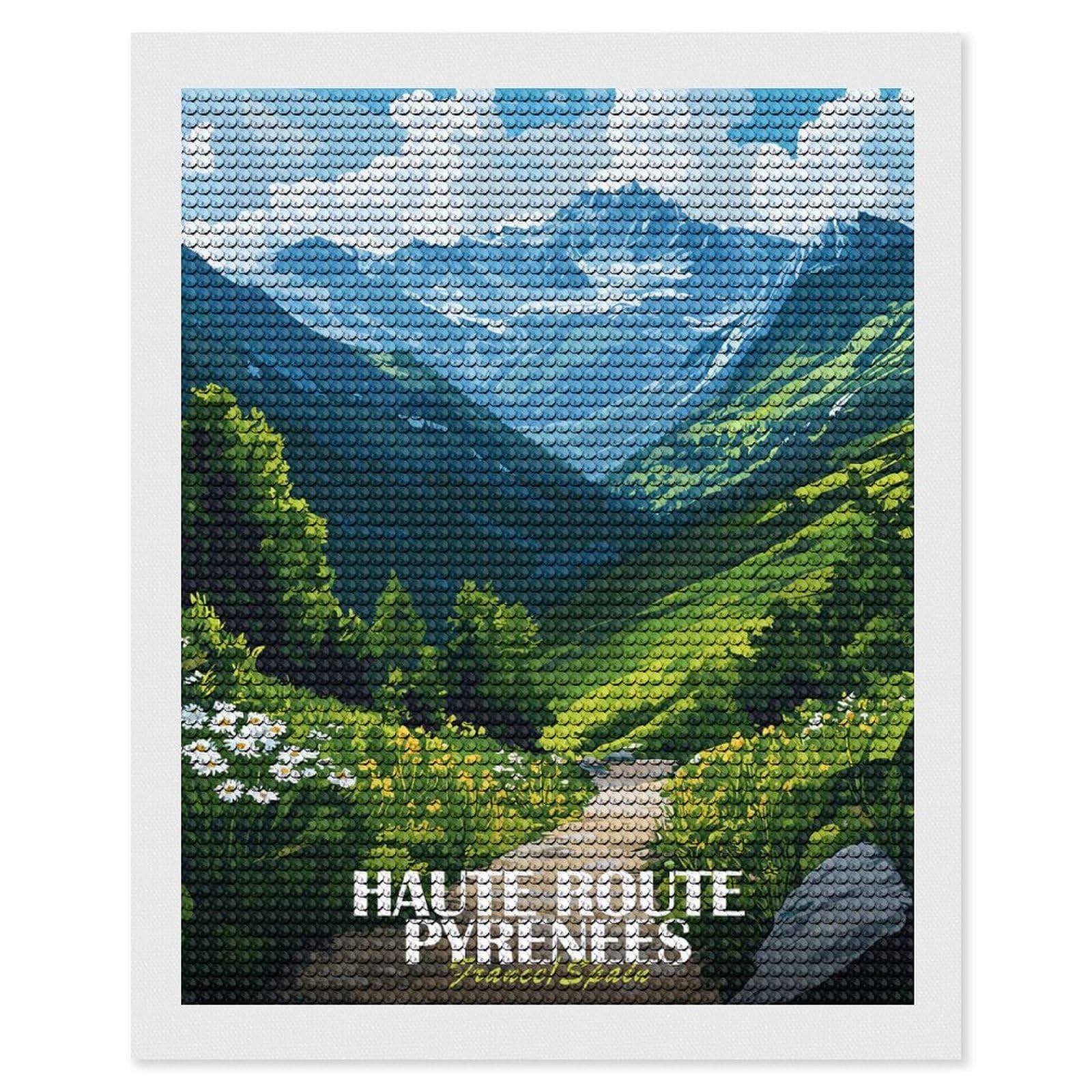 Junmoney Haute Route Pyrenees Landscape Illustration Diamond Art Canvas 16"x20", for Family Craft Time, Creative Leisure Activity, Living Room Decor, Festive Craft Gift