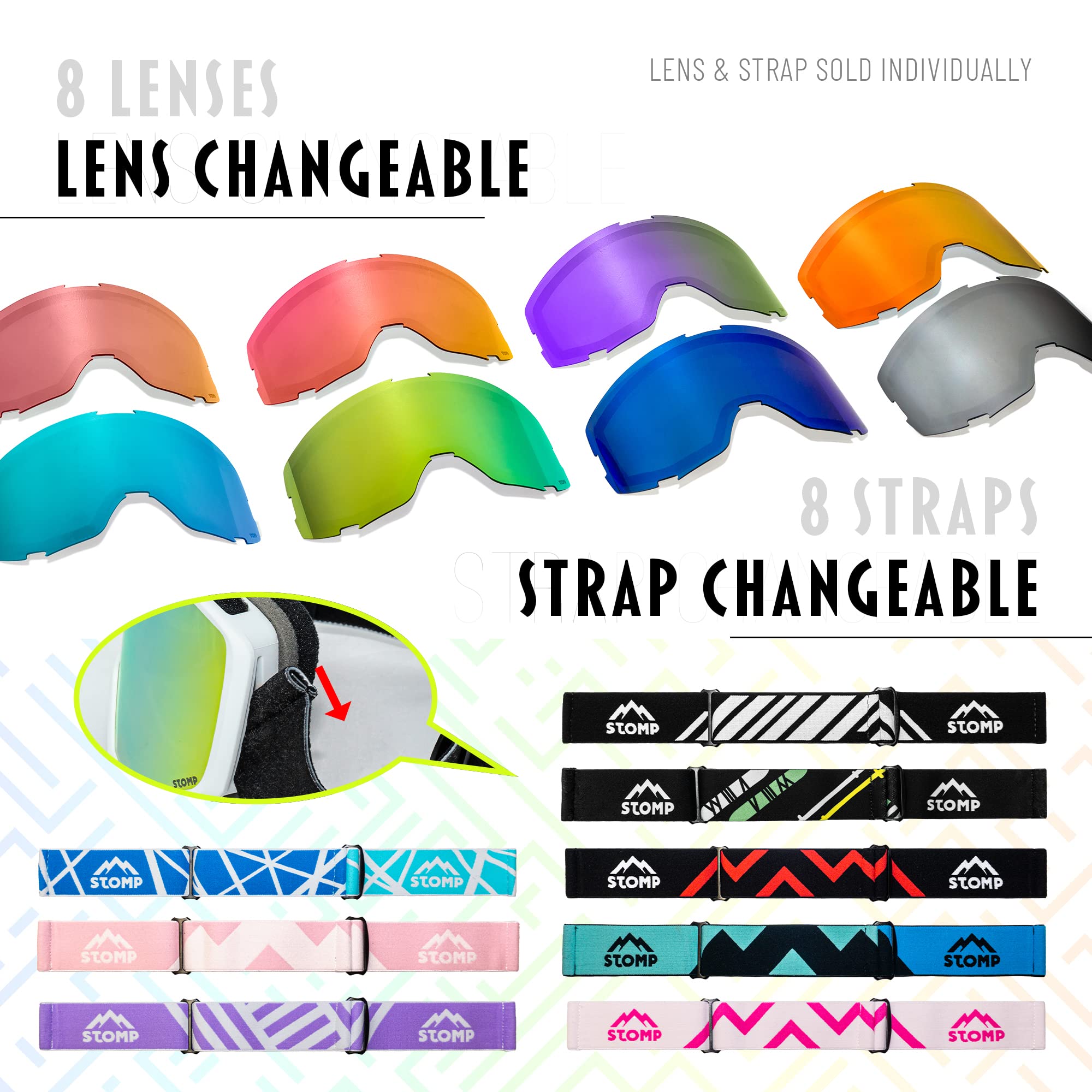 STOMP Gogle narciarskie/snowboardowe 100% ochrona UV400, wymienne gogle z soczewką/paskami dla mężczyzn, kobiet i młodzieży (biała rama/złota soczewka VLT 10%)