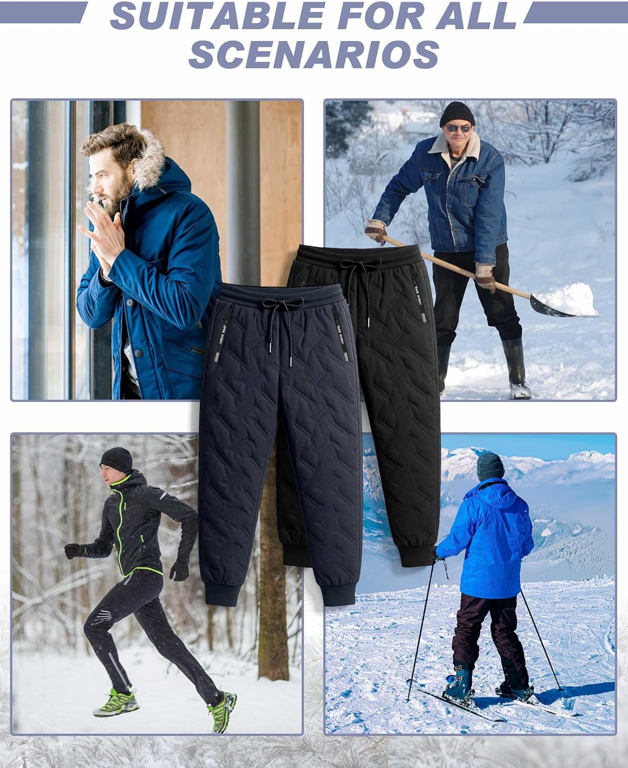 2 Pcs Fleece Lined Pants Men Sherpa Lined Sweatpants Windproof Track Joggers Snow Winter Thermal Pants with Zipper - Image 5