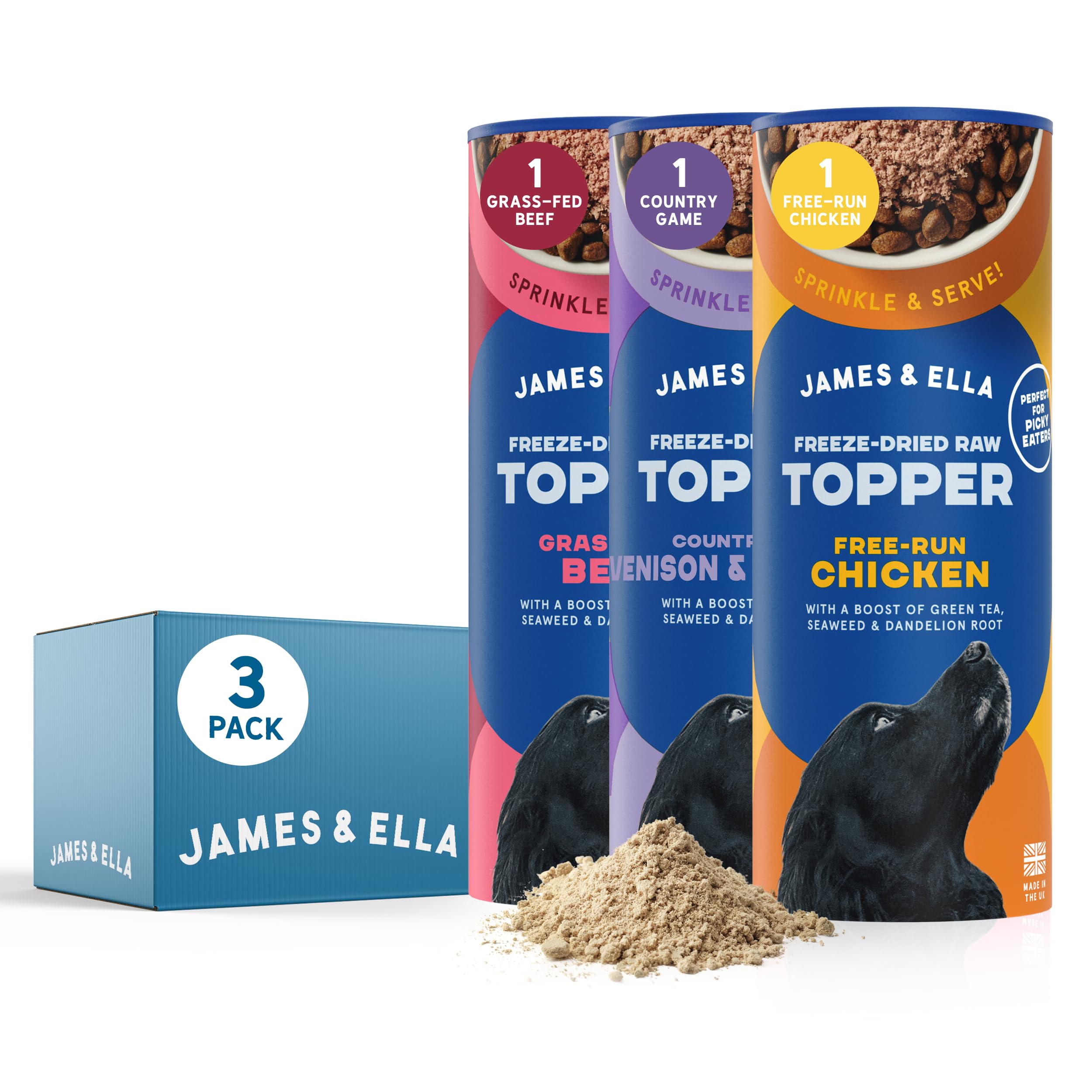 James & Ella Freeze-Dried Raw Dog Food Topper (3 x 50g) 1 Tube of Each Flavour, Chicken, Beef & Game ❘ Freeze-Dried to Seal in Nutrients, Packed with Essential Oils & Minerals, Grain & Gluten Free — image 1