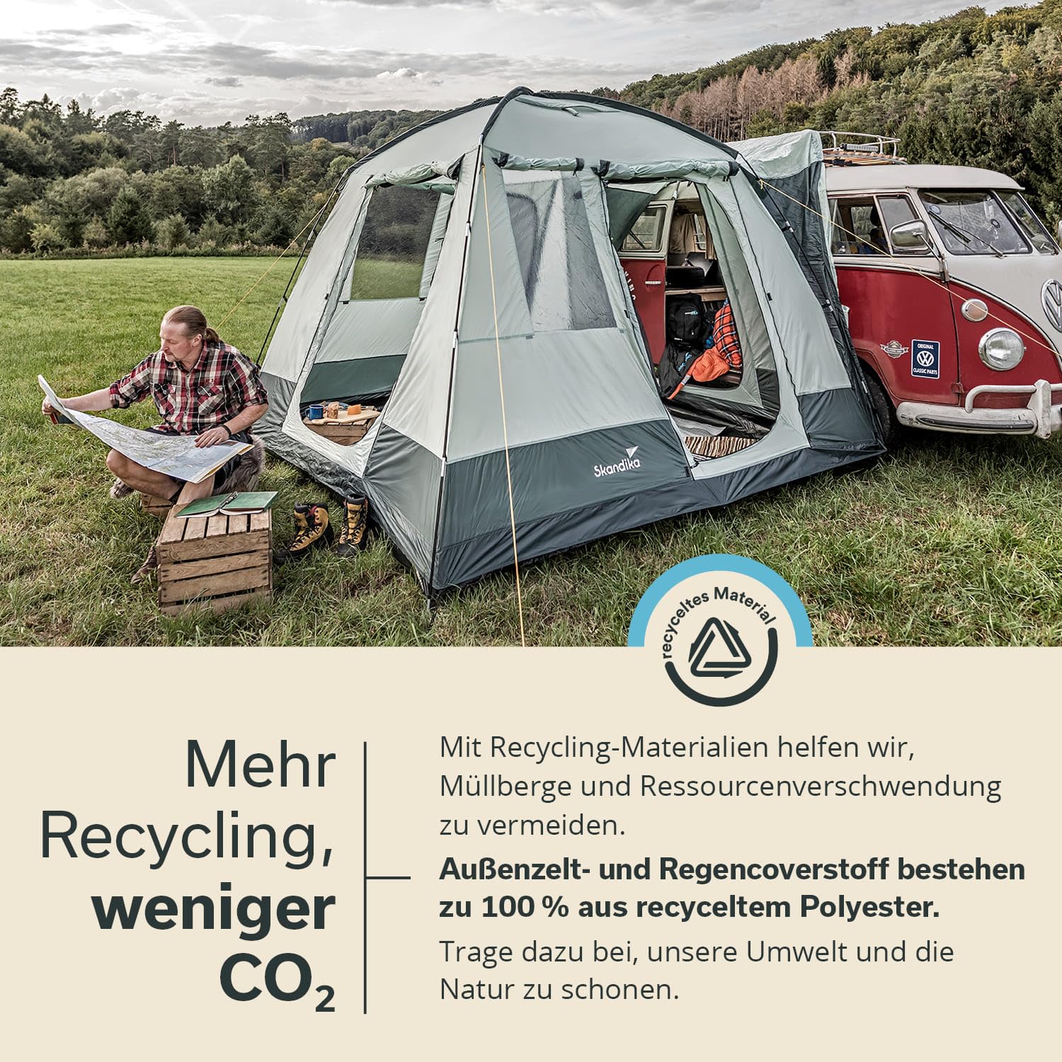 Skandika Busvorzelt Pitea Van Protect | 4 Personen, freistehend, eingenähter Zeltboden, 2,2 m Stehhöhe, große Fenster, wasserfest, 3000 mm Wassersäule, Moskitonetze, 3 x 3 m, Kuppelzelt für Bus, Caddy