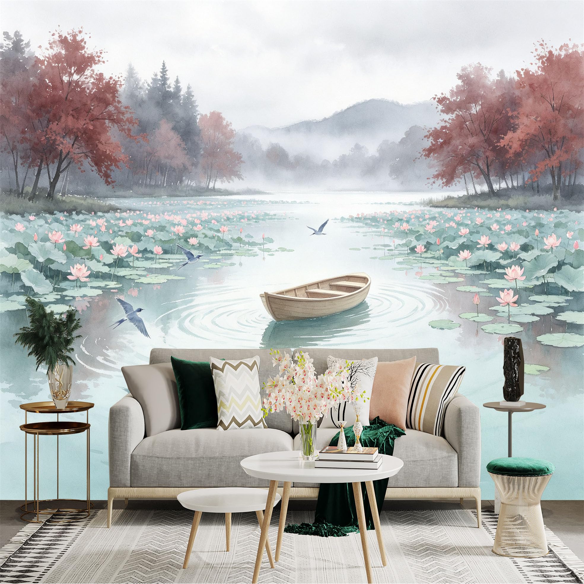 Custom Size Wall Sticker Mural， Serene Lake with Wooden Boat， Blooming Lotus Flowers and Birds， Misty Landscape， for wall Decoration， peelandstick wall Decals.
