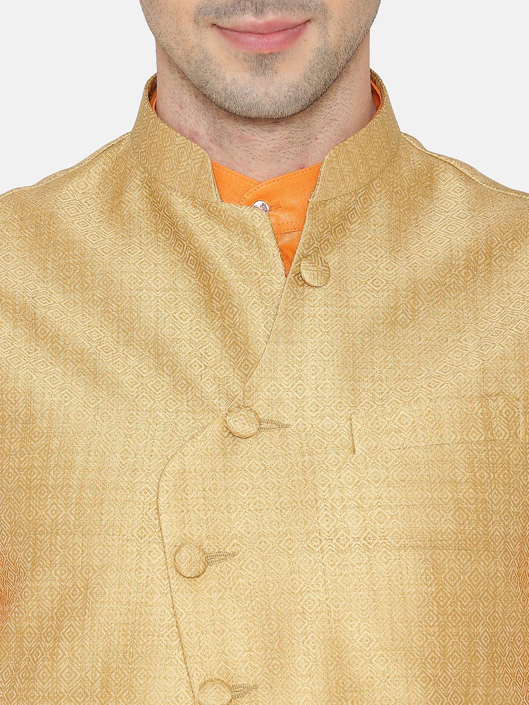WINTAGE Men's Banarasi Rayon Cotton Casual and Festive Nehru Jacket Vest Waistcoat : Gold 3