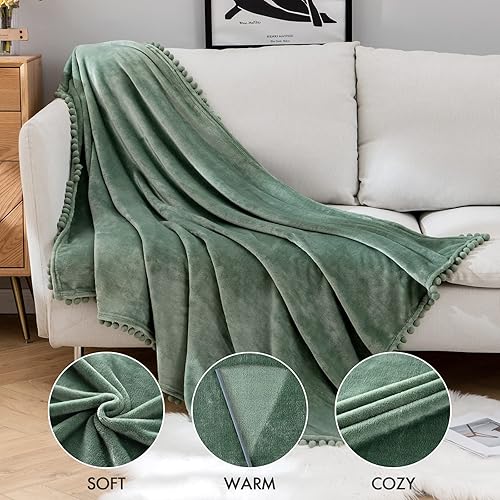 Miniatura 7 de MIULEE Manta de forro polar verde salvia con flecos de pompones, suave, acogedora, ligera, manta de cama de franela de felpa mullida con borla