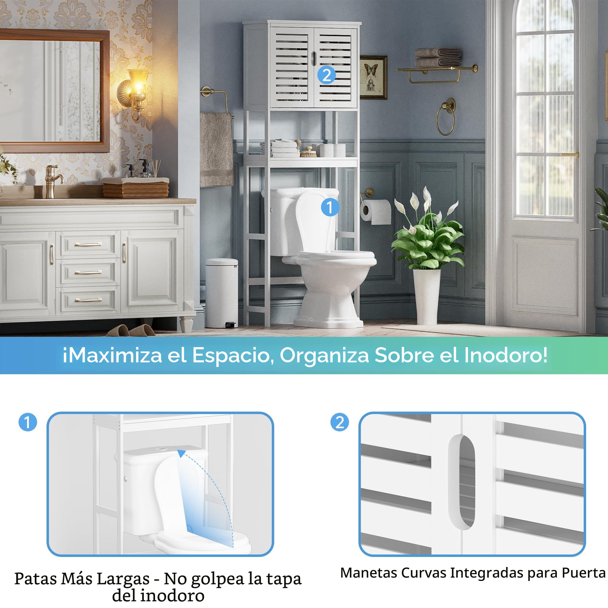 SMIBUY Armario para el Inodoro en el Baño, Organizador de 2 Puertas de Bambú con Estante Interior Ajustable y Estante Abierto (Blanco)