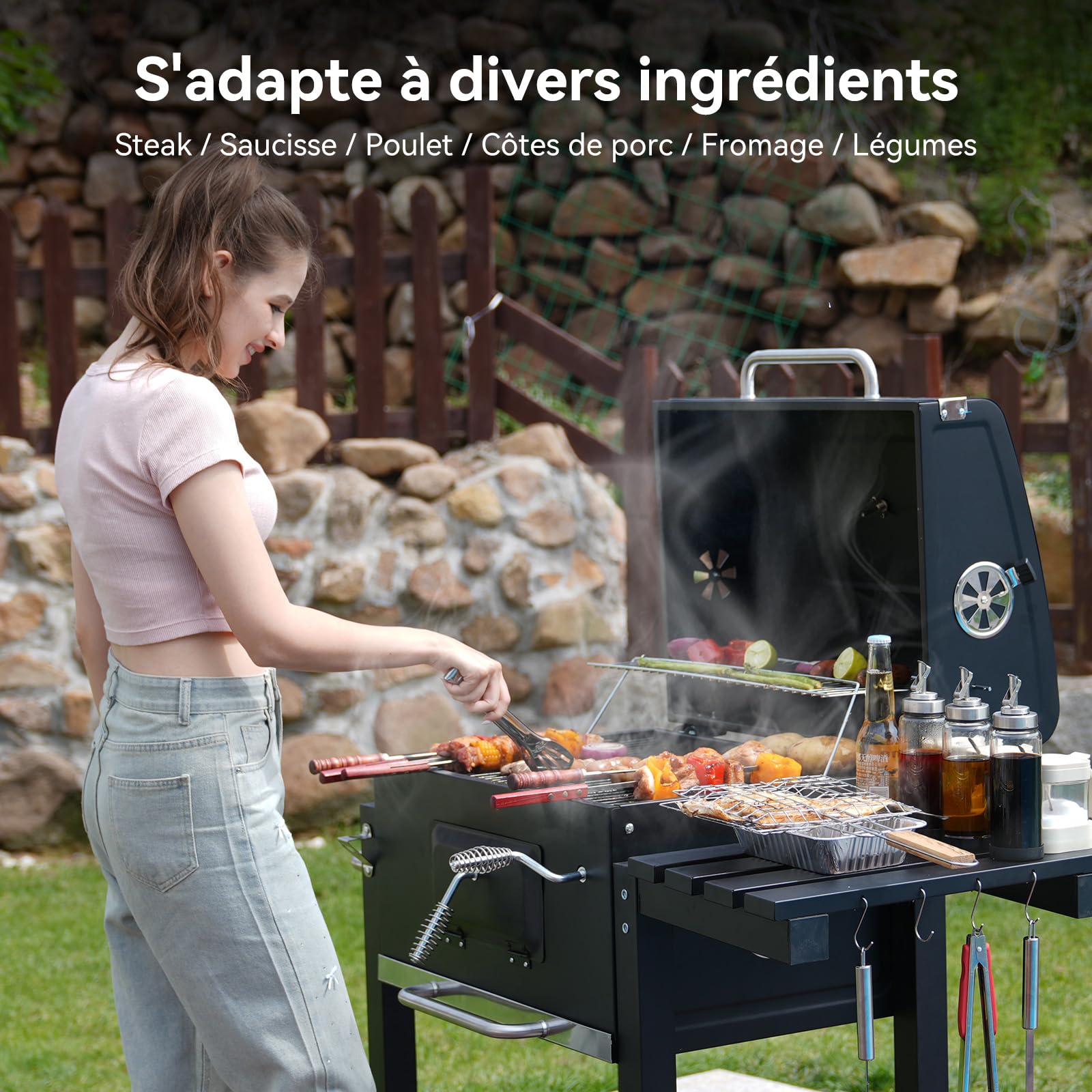 Barbecue Charbon de Bois, Gril avec Couvercle, Surface de Cuisson: 56×42,5 cm, Bac à Charbon Réglable en Hauteur, Table Latérale Pliante, Housse Barbecue Incluses