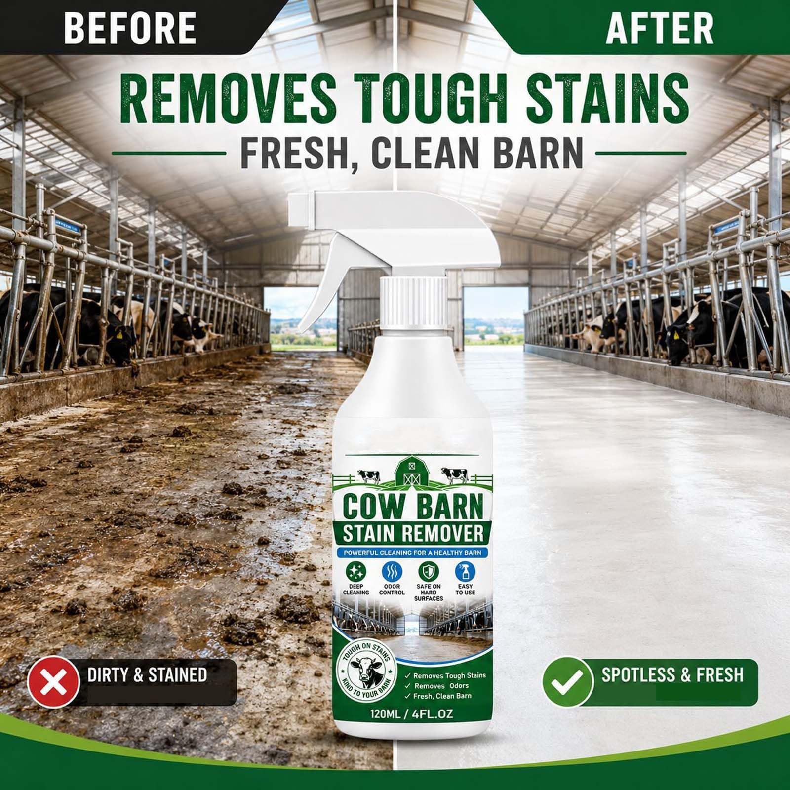 Starkes Cow Barn Stain Remover Spray, professionelles Multi-Surface Reinigungsspray, Cow Barn Fleckentferner mit Handtuch entfernt hartnäckige Mistgeruch und erfrischt den Duftreiniger (5pcs)