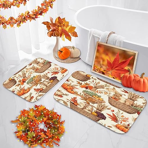 Juego de 2 tapetes de baño con hojas botánicas de otoño, diseño de hojas naranjas y calabaza, Acción de Gracias, cubierta lavable, alfombra de piso disponible en Yaxa El Salvador