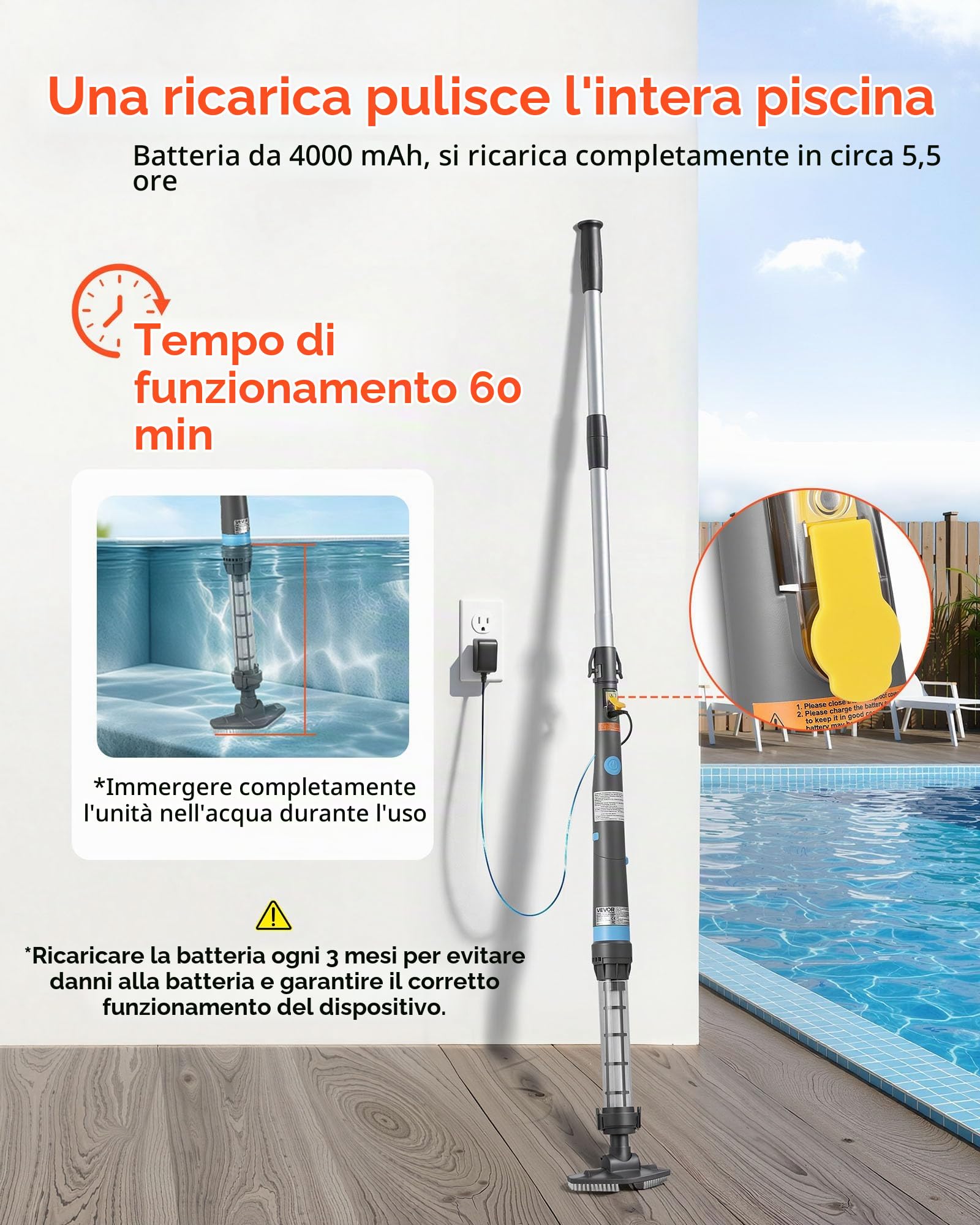 VEVOR Aspiratore Portatile per Piscine, Pulitore Ricaricabile Senza Fili 32 L/min, con Asta di Prolunga e 2 Testine, Autonomia Max 60 min, per Pulizia Piccoli Detriti e Sabbia Vasche Idromassaggio