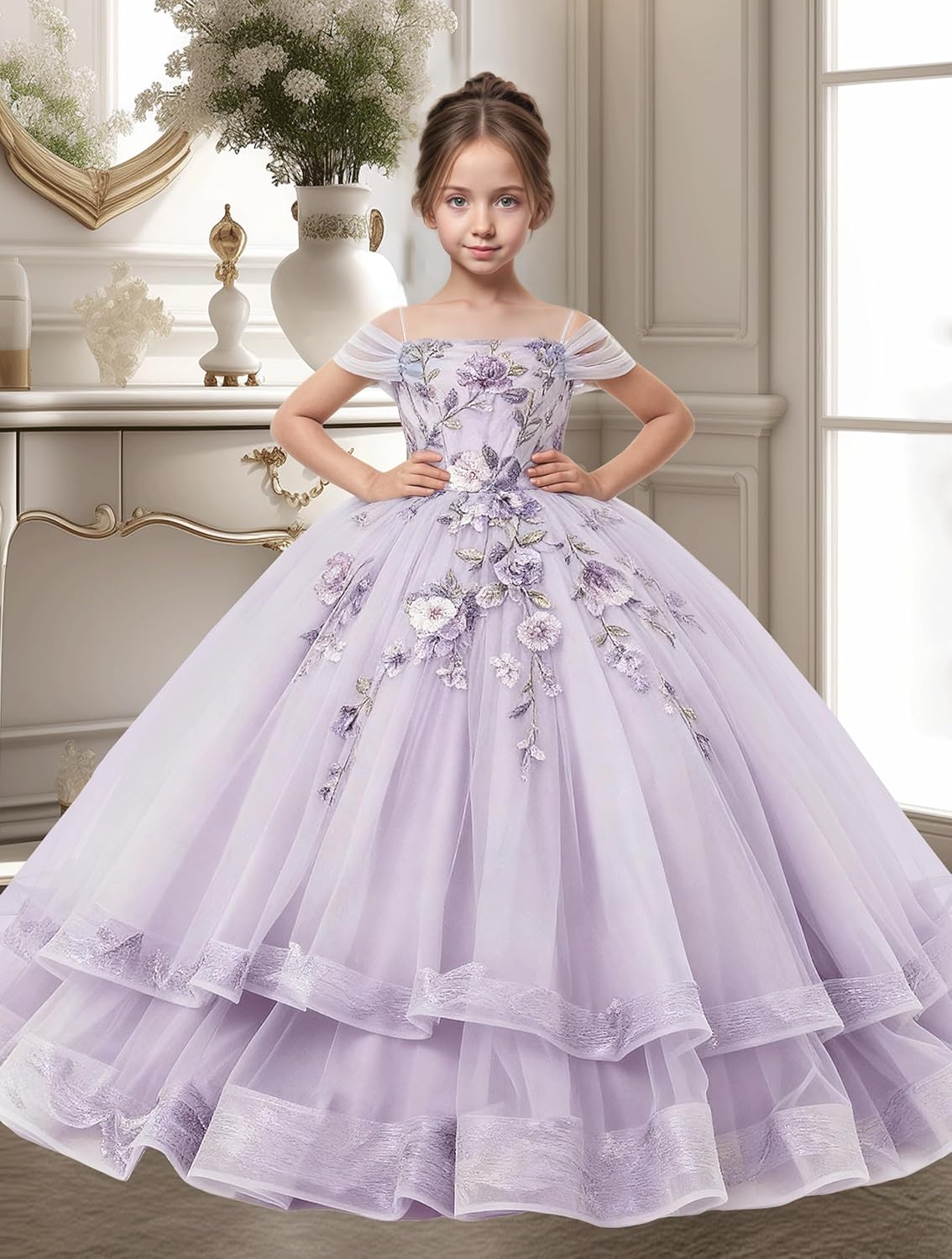 Flower Girl Dresses Floral Appliques Tulle Princess Pageant Dress Off Shoulder First Communion Ball Gown Dress