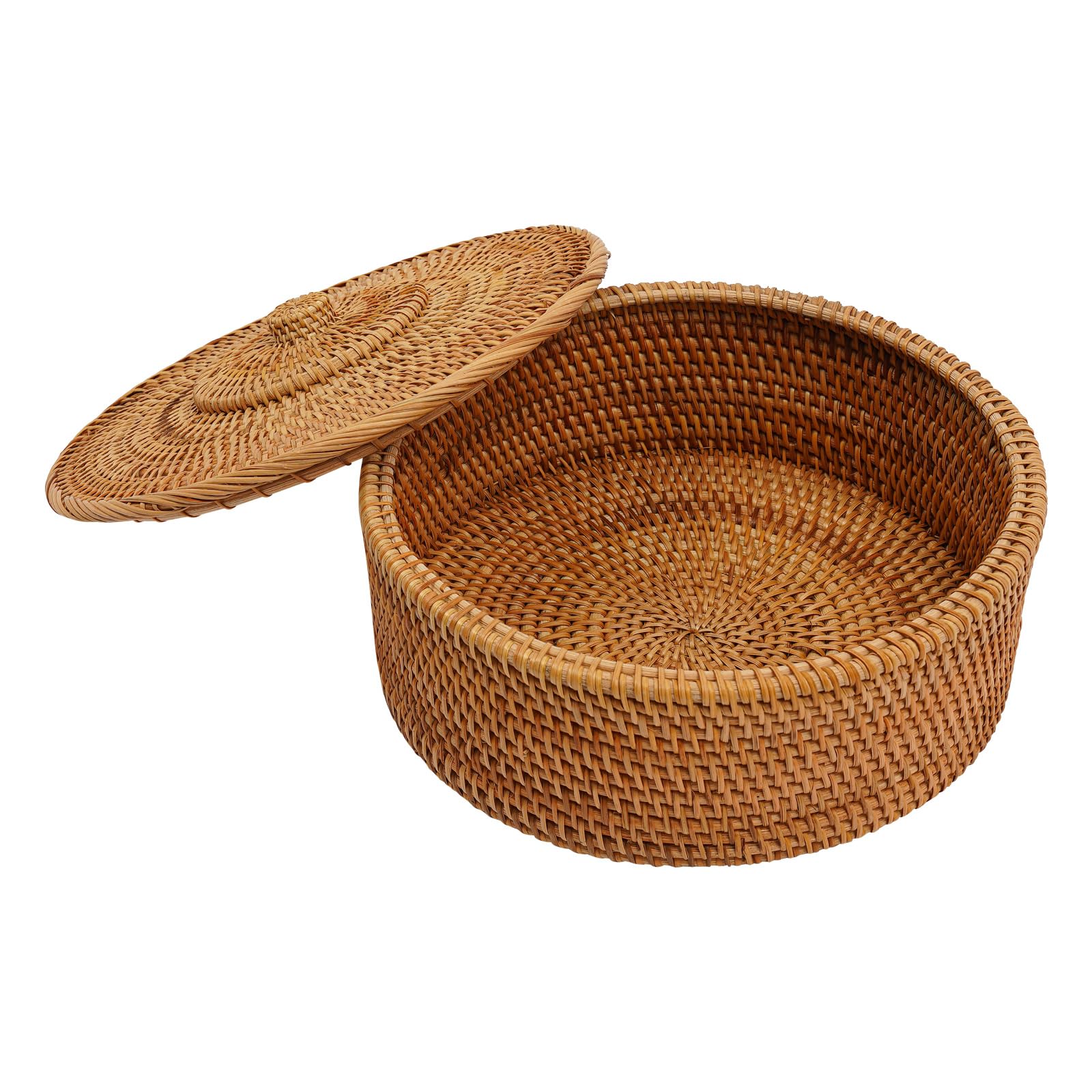 Cesto in rattan naturale con coperchio, contenitore rotondo in rattan con coperchio, 30 x 13 cm, realizzato a mano, cestello intrecciato, per frutta, pane, caramelle