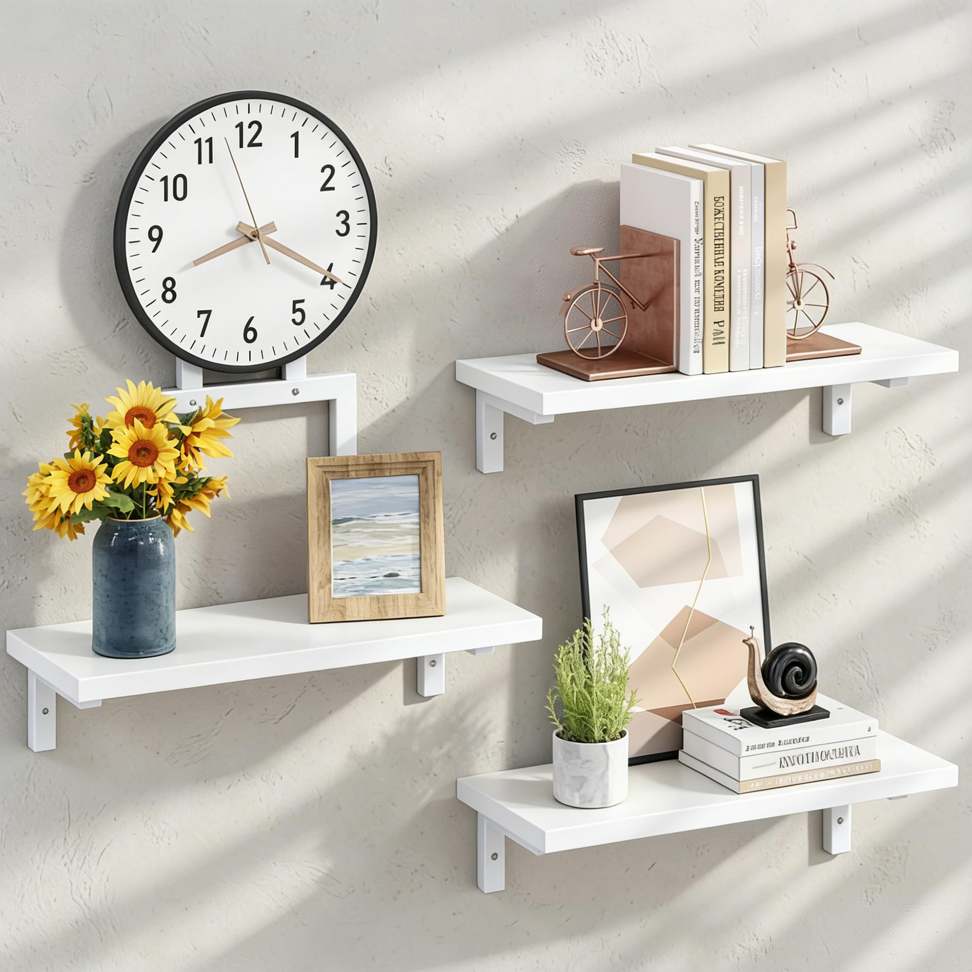 OYRREU Wandregal mit Uhr, 3er Set Schweberegal Holz, Hängeregal Wandboard, Bücherregal Wand, Regale für Wände, Regalbrett für Wohnzimmer & Küche, Weiß