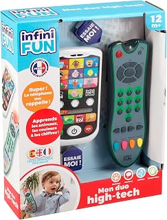 Infini Fun - My duo high-tech phone + remote control – 1 trilingual French/English/Spanish remote control & 1 ultra-realistic phone. – Multi-learning imitation toys from 12 months
