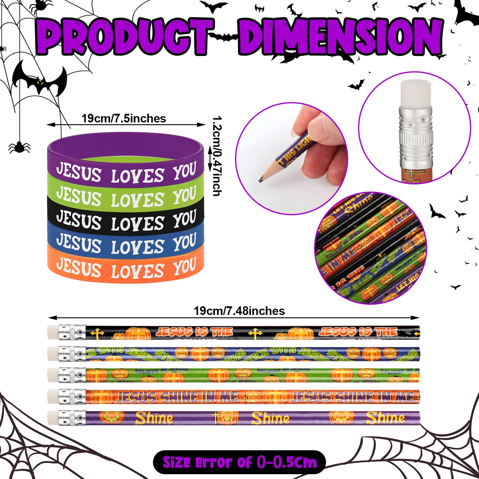 Paterr 105 Pcs Religious Halloween Party Favors 35 Christian Pumpkin Plastic Bags 35 Christian Halloween Pencil 35 Religious Bible Rubber Bracelet for Religious Halloween Trick or Treat Party