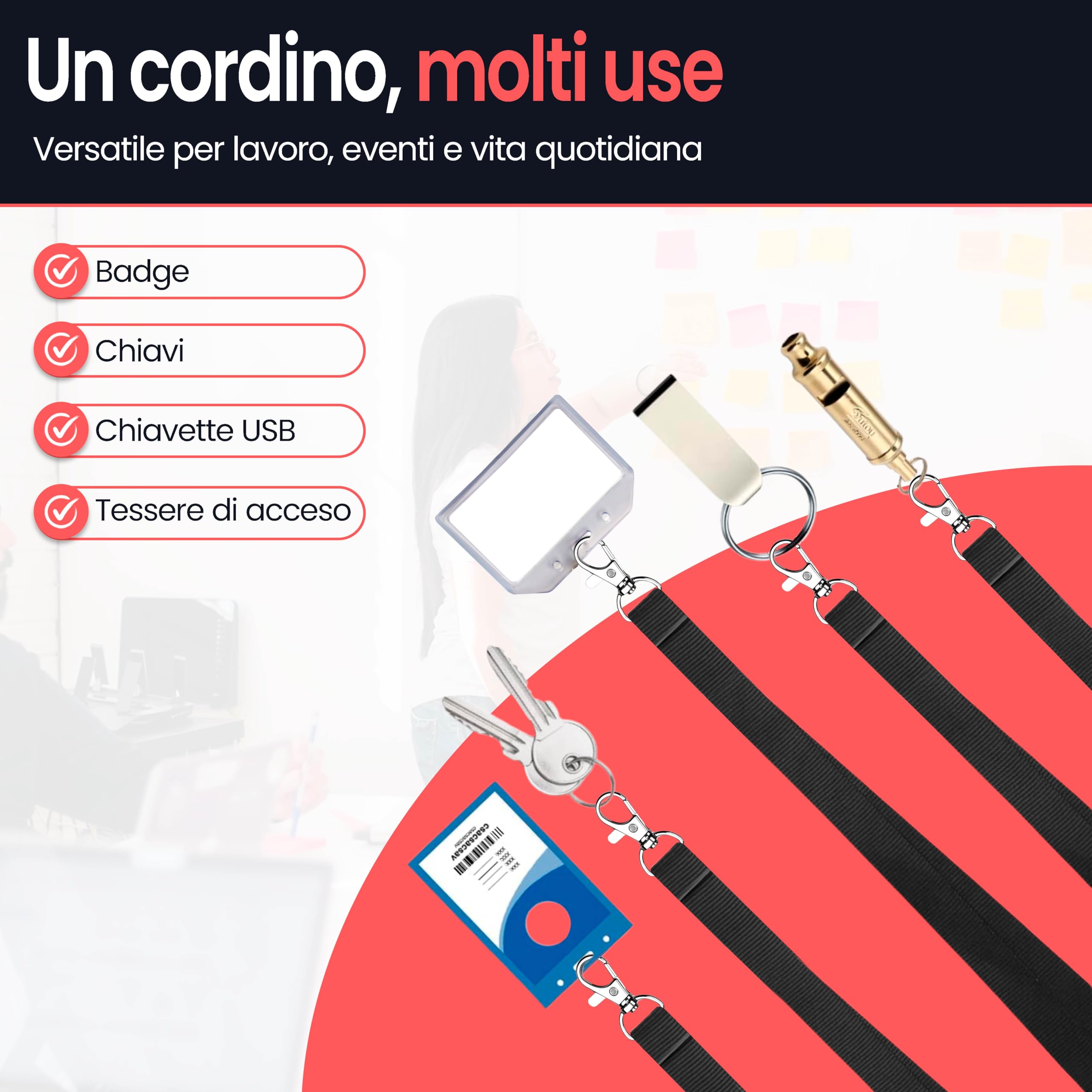 Porta Badge Da Collo Con Gancio In Metallo - Cordino In Poliestere 2cm x 46cm per Tessere, Chiavi, USB