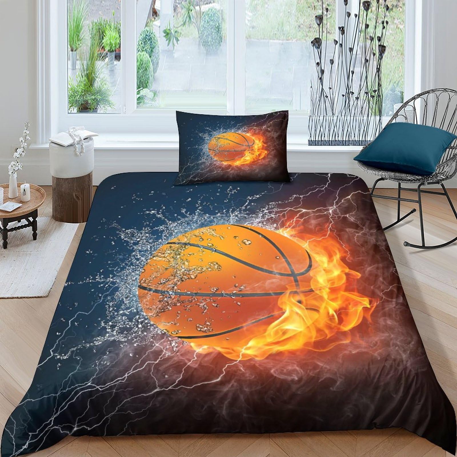 Housse de couette basketball 135x200 cm avec 2 taies d'oreiller pour lit simple