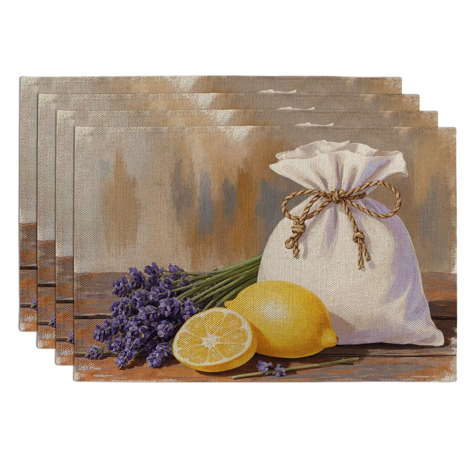 Lavender Lemon Placemats, Rustic Farmhouse Floral Place Mats for Dining Table, Summer Kitchen Non-Slip Washable Indoor Outdoor Decorative Placemat Set of 4