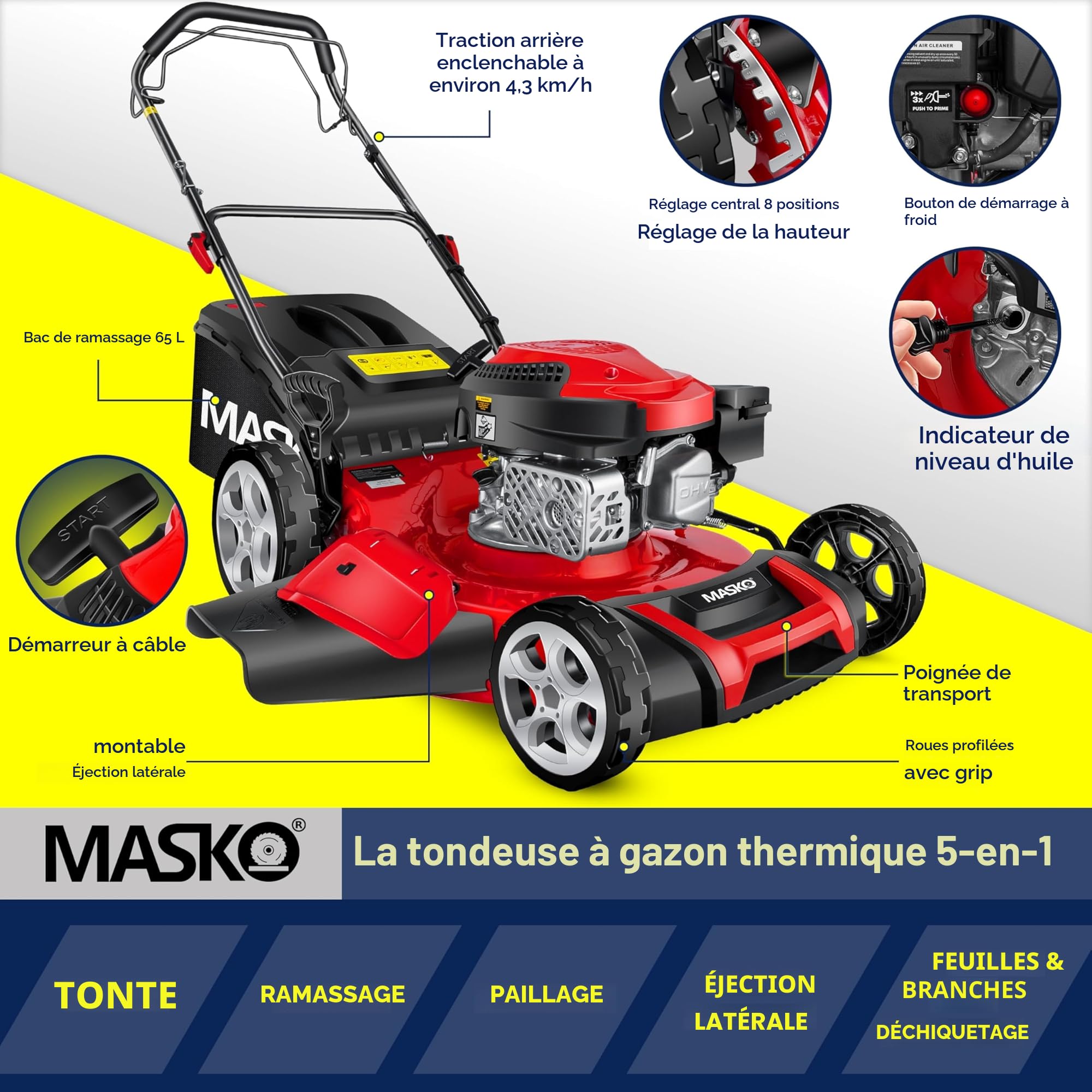 MASKO® Tondeuse à Essence 5 en 1 Roue motrice Fonction de Nettoyage, Largeur de Coupe 51cm, EasyClean Fonction Mulching Éjection latérale Largeur de Coupe élevée Réglage de la Hauteur de Coupe