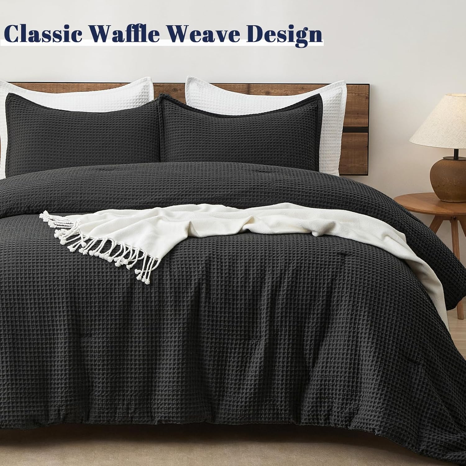 PHF Ultra Soft Waffle Weave Comforter Set California King Size, 3 Pieces Lightweight Breathable Comfy Bedding Set, Comfy Textured 1 Comforter with 2 Pillow Shams, Black - Image 5