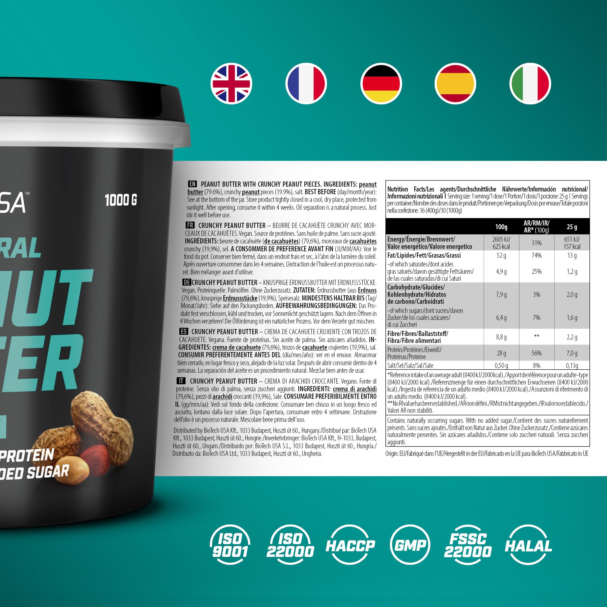BioTechUSA Peanut Butter | Entièrement naturel | Source de protéines végétaliennes | Sans gluten, riche en fibres, sans huile de palme, 1000 g, Crunchy