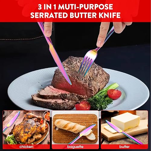 Miniatura 4 de Rainbow - Juego de cubiertos iridiscentes de 30 piezas para 6, cubiertos de acero inoxidable, vajilla colorida esencial para la cocina del hogar