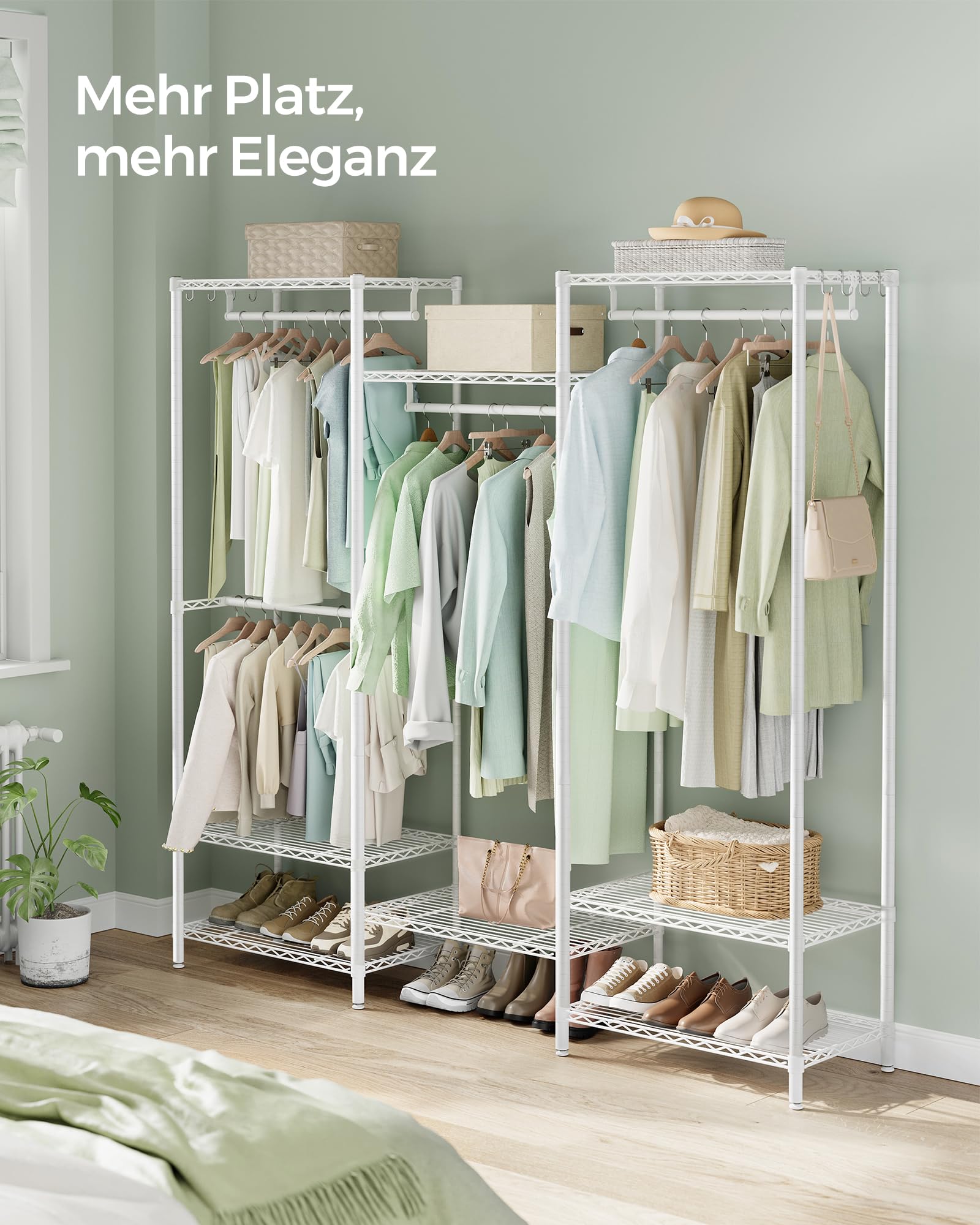 SONGMICS Kleiderschrank, Metallschrank mit verstellbaren Regalen, Kleiderstangen und Haken, langlebig, abnehmbarer Kleiderständer, Wolkenweiß LGR431W01