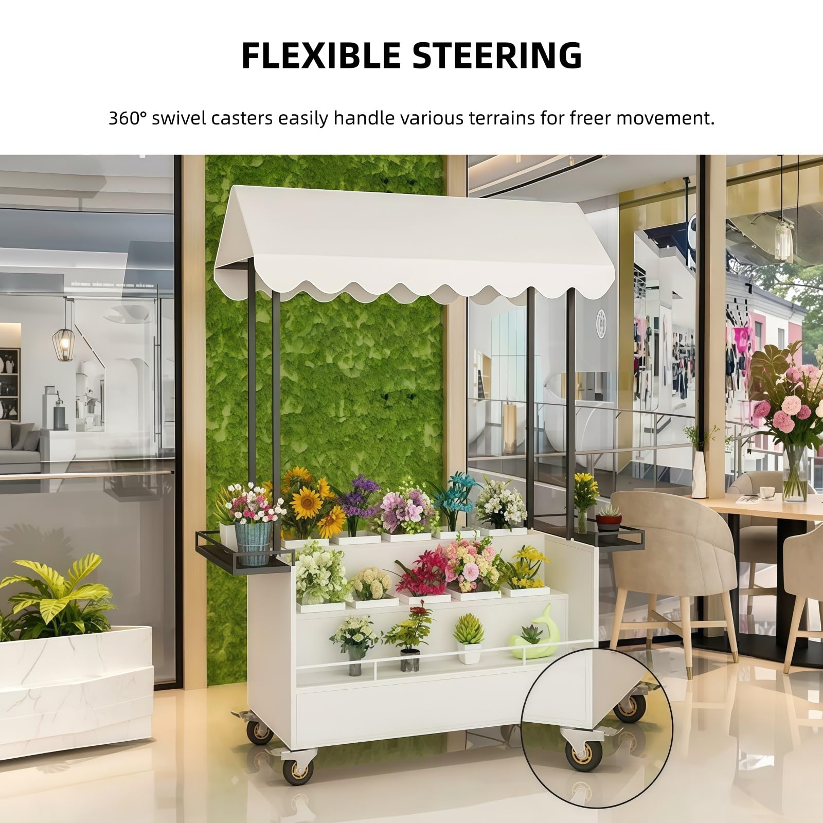 Blumen Verkaufswagen, Multifunktionaler Mobiler Imbisswagen for Marktstände und Außen Pop-up Geschäftsevents(Yellow)