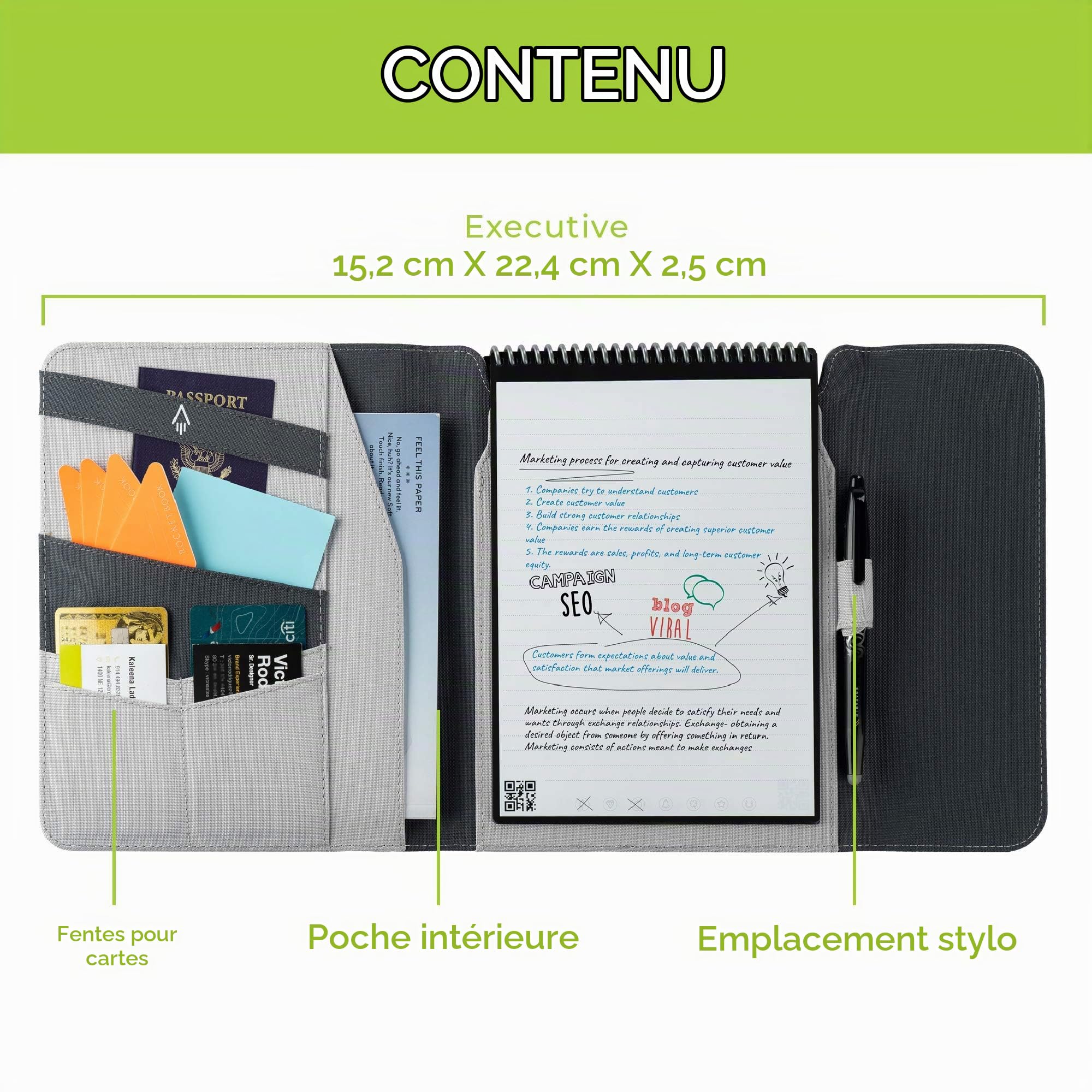 Rocketbook - Protège-carnet 100 % recyclable avec porte-stylo, fermoir magnétique et espace de rangement intérieur - Gris, format Executive 15,2 x 22,4 cm (Cap-FLP-E-CIN)