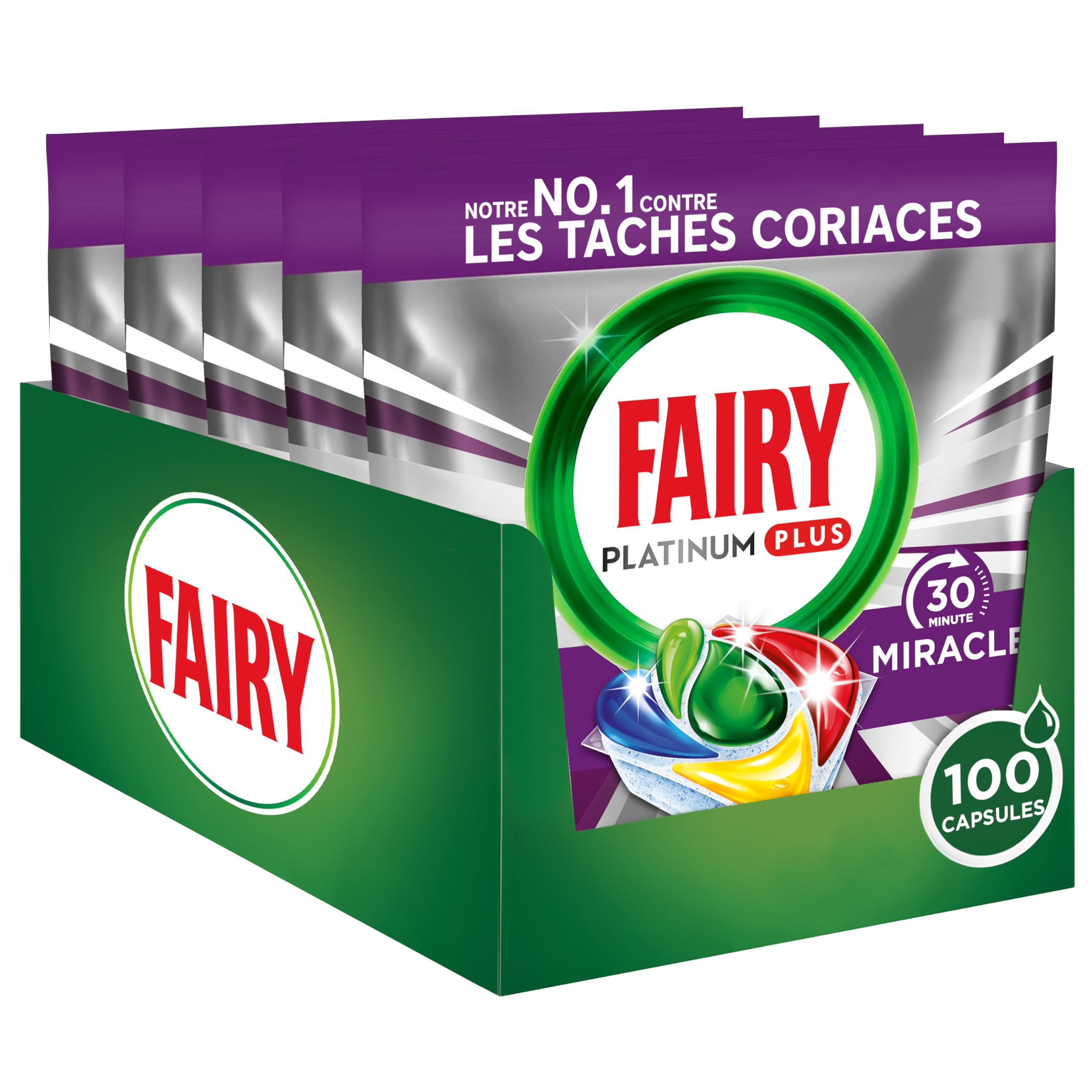 Fairy Platinum Plus Tablettes Lave-Vaisselle Tout-en-1, Miracle 30 Minutes, 100 Tablettes (20x5), Notre Nettoyant n°1 Pour Les Résidus Alimentaires Tenaces
