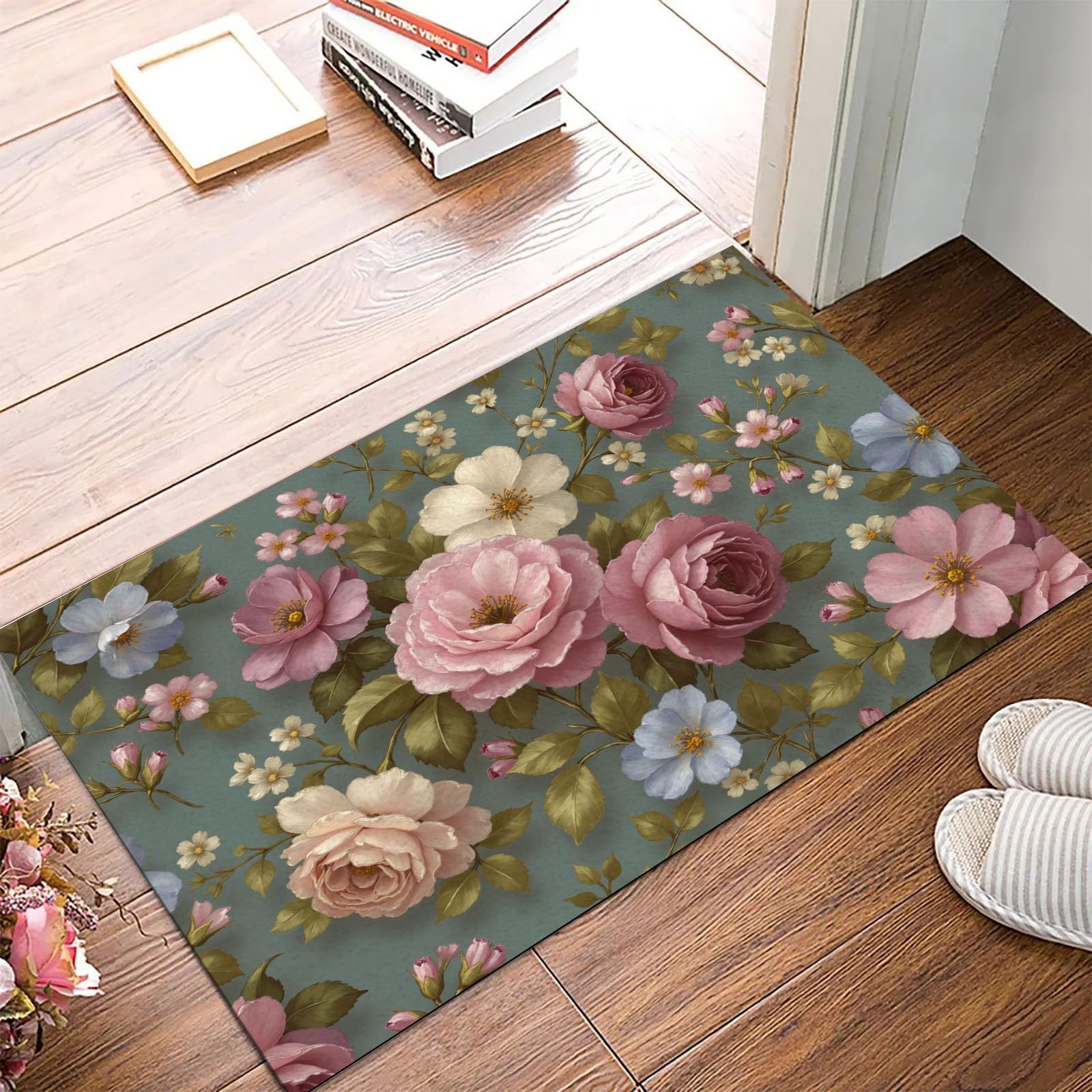 Tapis de bain antidérapant rose et vert 50x80cm motif roses