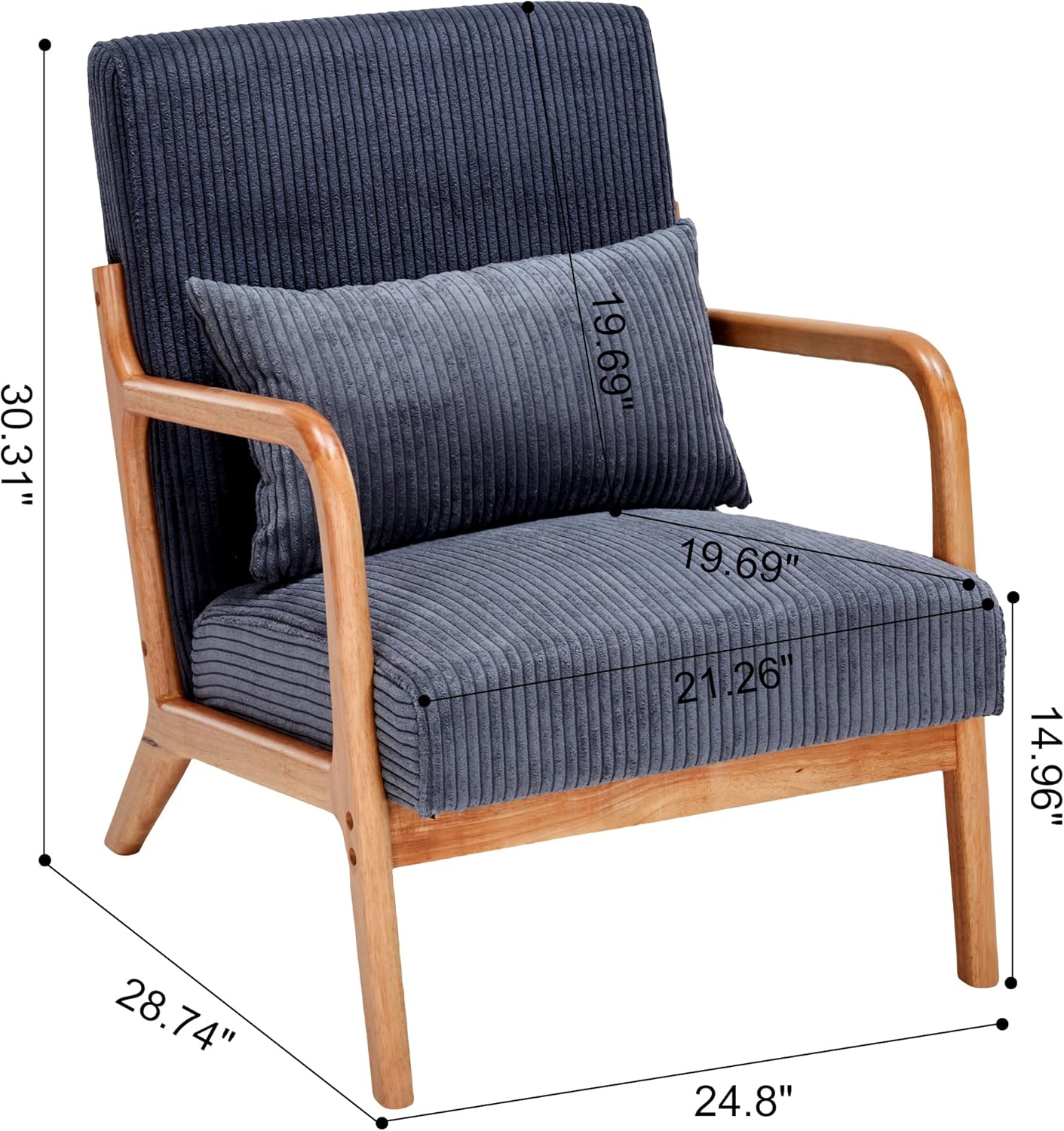 Corduroy Mid Century Modern Accent Chair, Solid Wood Comfy Arm Chair with Lumbar Pillow, Upholstered Reading Chair for Lounge, Living Room, Reading Room, Bedroom (Dark Grey)