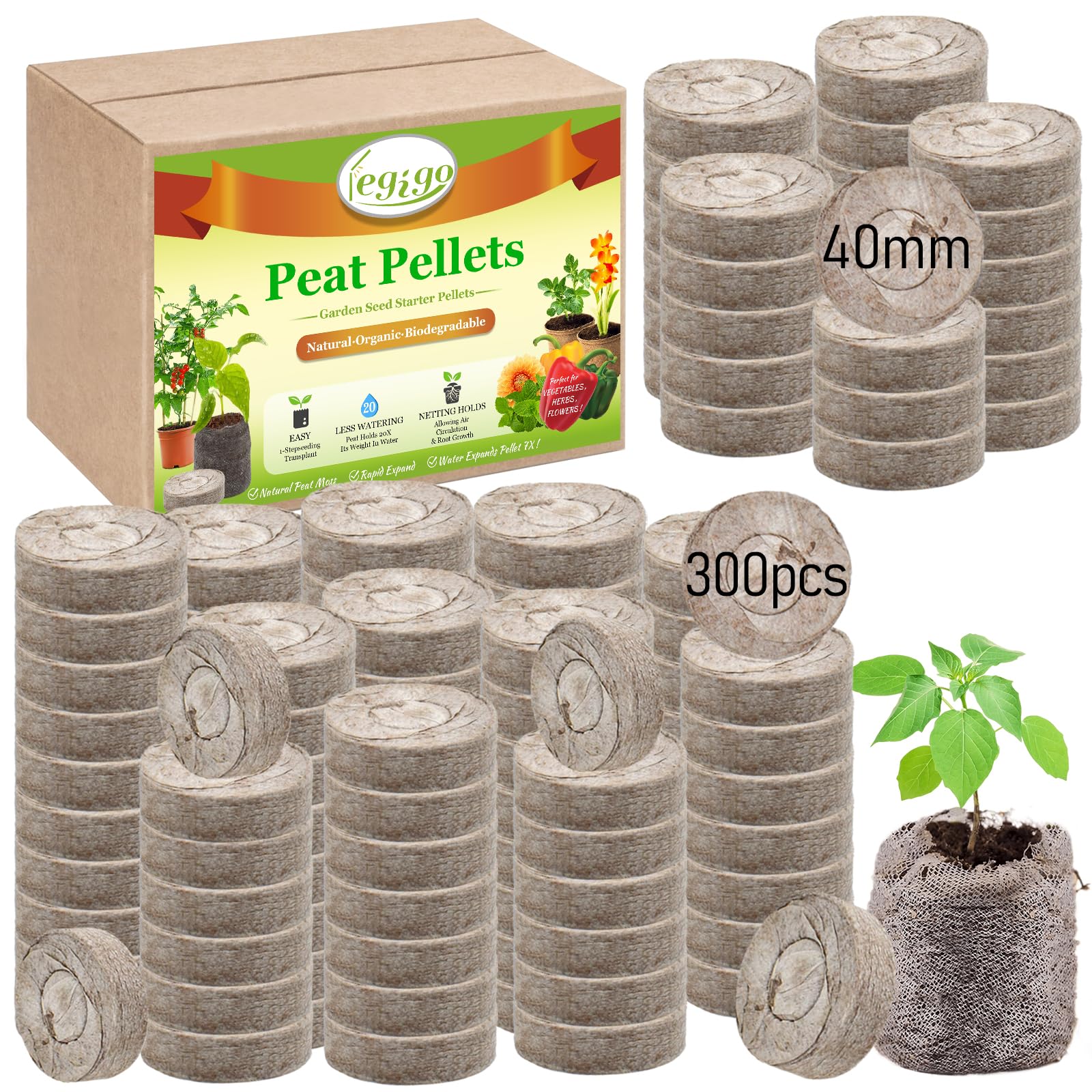 Legigo 300 Pcs 40mm Seed Starter Peat Pellets Pods for Seedlings- Compressed Seed Starting Pellets Seed Starter Pods Plugs Soil Peat Pods for Starting Seeds, Garden Planting Herb Flower Vegetables