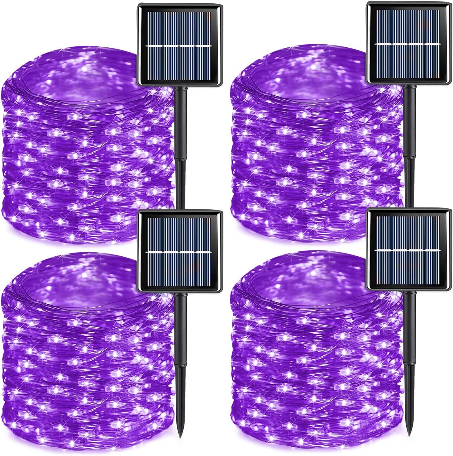 QITONG 4 Pack Solar Fairy Lights, Each 33ft 100 LED Purple Christmas String Light Outdoor Waterproof, 8 Modes Silver Wire Twinkle Mini Lights