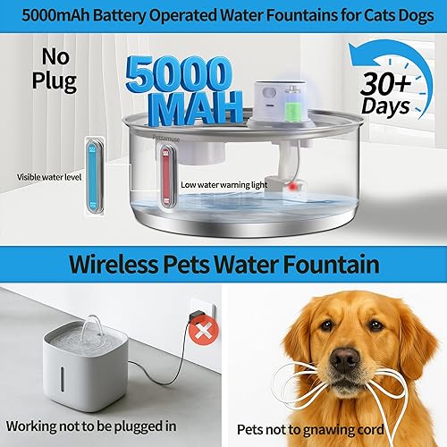 Miniatura 4 de Fuente de agua inalámbrica para perros, fuente de agua inalámbrica de 5000 mAh para perros, fuente de agua de acero inoxidable para gatos y perros,