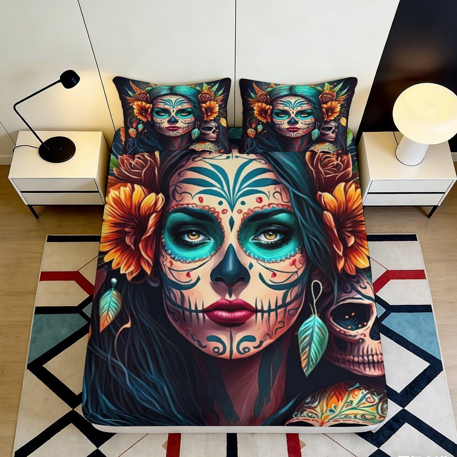 3D Printed Artistic Portrait Flower Fitted Sheet Microfiber Deep Pocket Bedroom Bedding Artistic Portrait Flower Mattress Fitted Cover 160x200x25cm