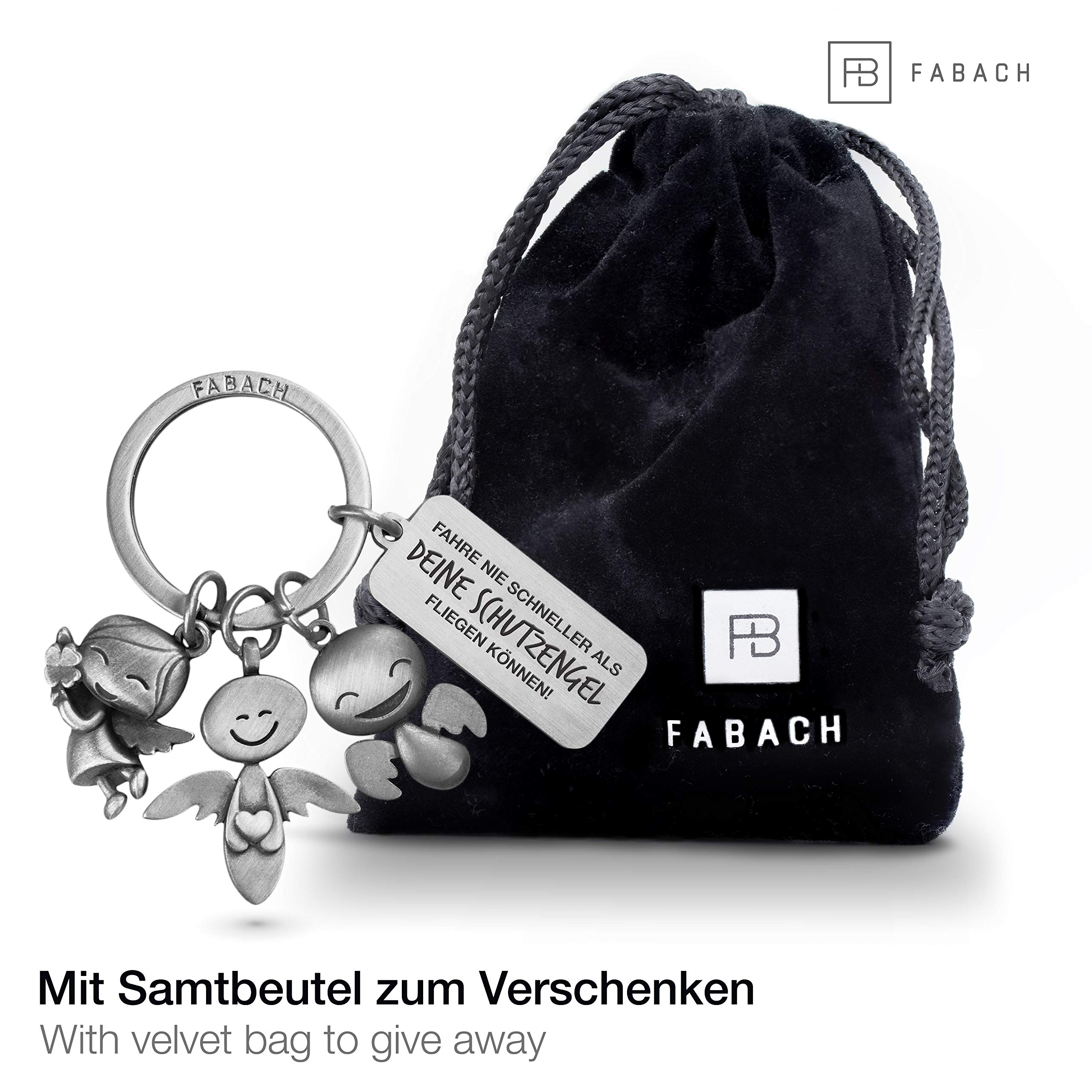 FABACH Breloczek do kluczy z motywem anioła stróża, 3 aniołki z grawerunkiem – breloczek do kluczy z metalu z wygrawerowanym przesłaniem dla kierowców – prezent talizman z prawem jazdy – Twój anioł