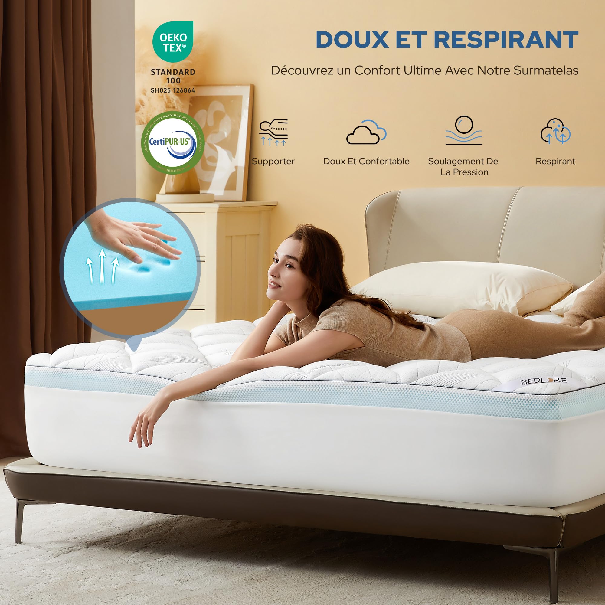 BEDLORE Surmatelas 140x190 cm, Surmatelas en Mousse à Mémoire de Forme Gel Respirant et Confort, sur Matelas 2 Personnes Grand Bonnet Extensible Jusqu’à 30 cm, Lavable en Machine, Blanc